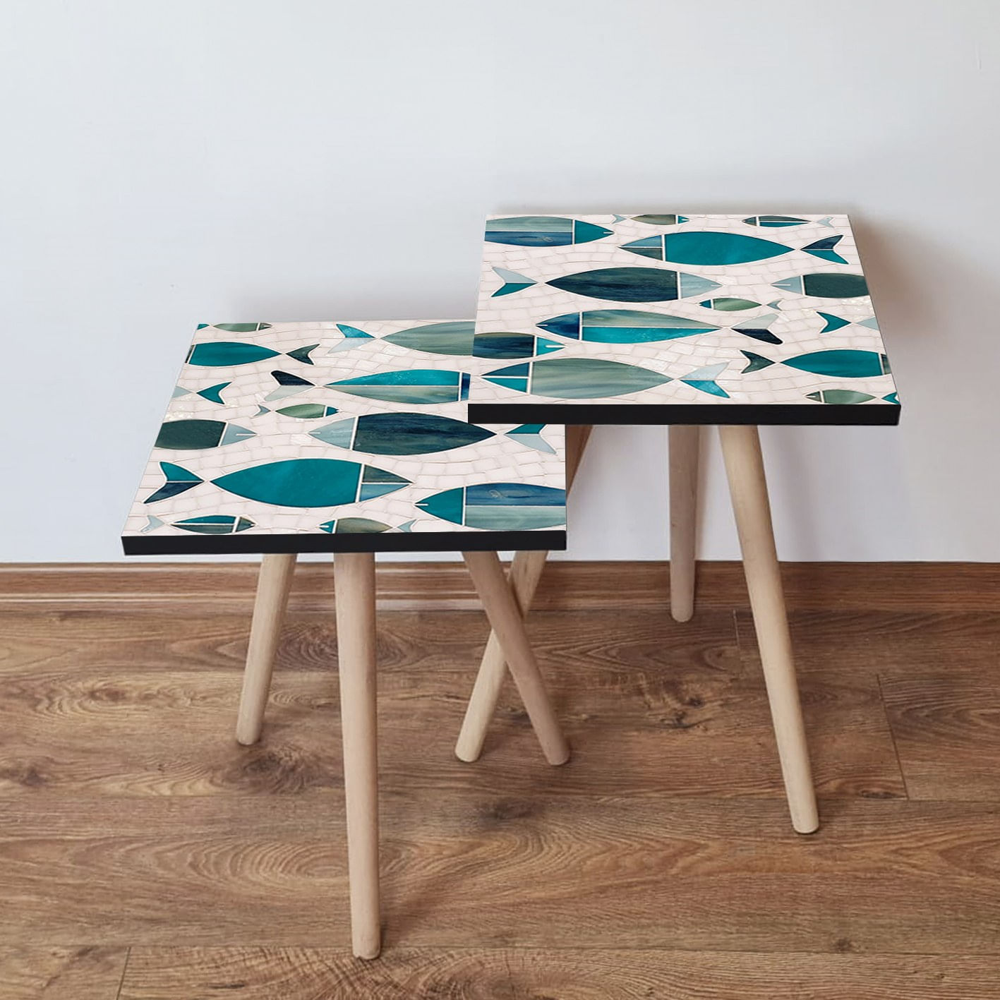 Set masute cuib, Hanah Home, mdf, verde albastru alb, 35x35x47 cm, picioare lemn fag