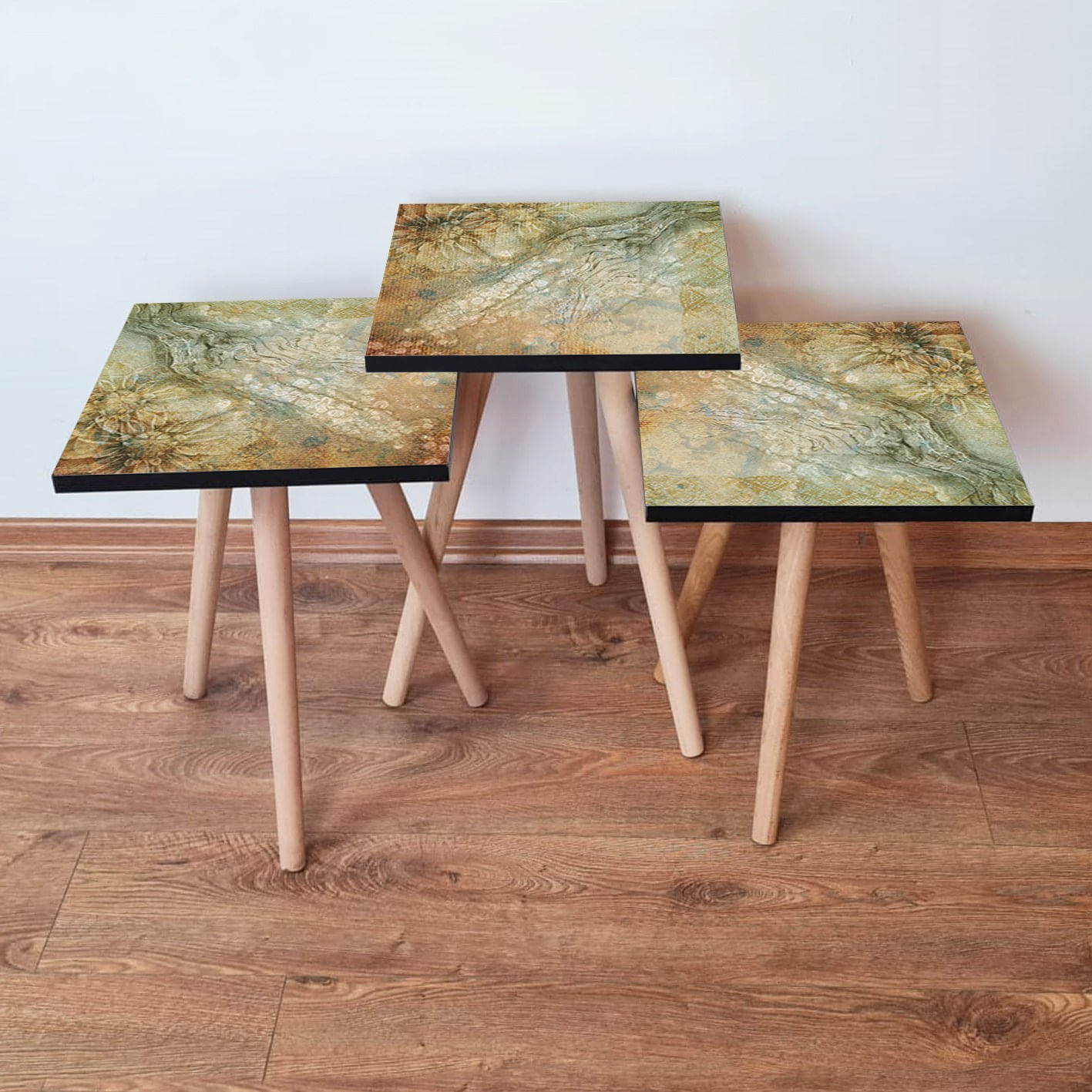Set masute de cafea, Hanah Home, mdf, verde bej, 3 piese, 35x35x52 cm, 481LNA3147