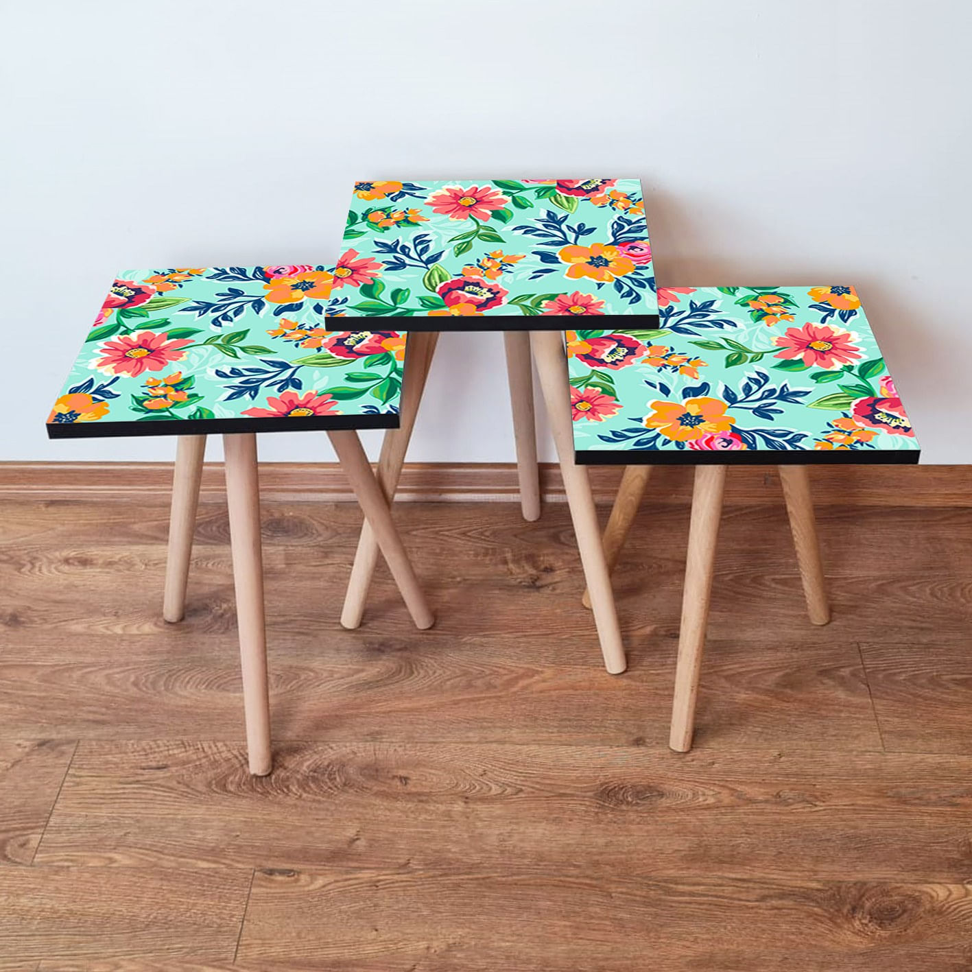 Set mese cuib, Hanah Home, mdf, multicolor, picioare lemn fag, 3 piese, 35x35x52 cm