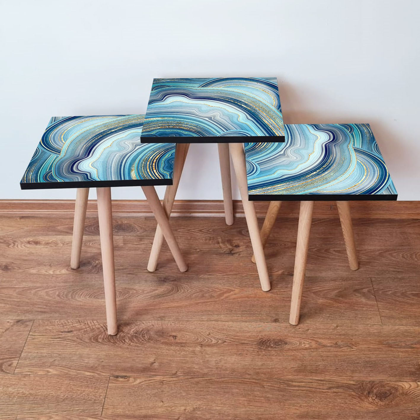 Set masute cuib, Hanah Home, mdf, albastru marin, auriu, alb, 35x35x52 cm