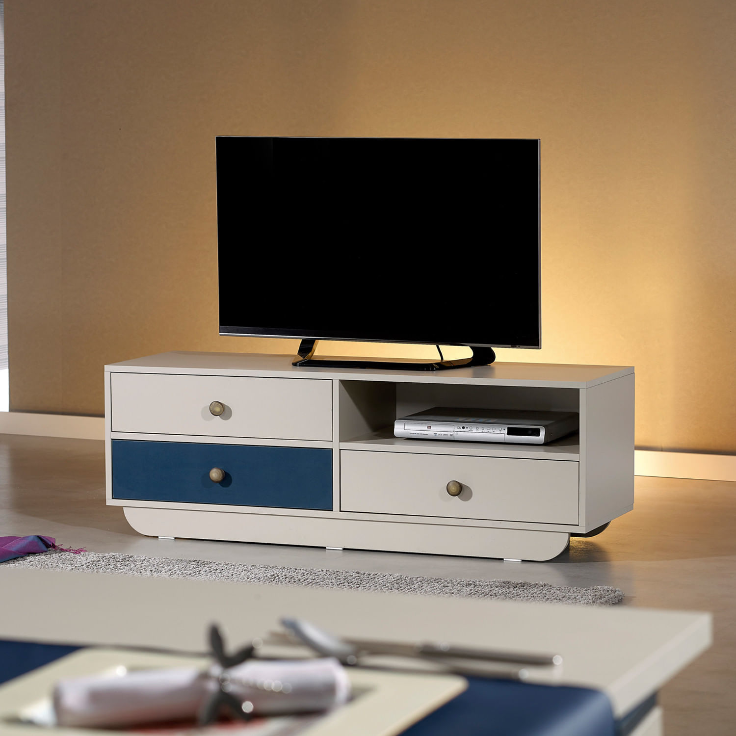 Comoda tv, Hanah Home, pal melaminat, alb si albastru, 140x41x48 cm — imaginea 3