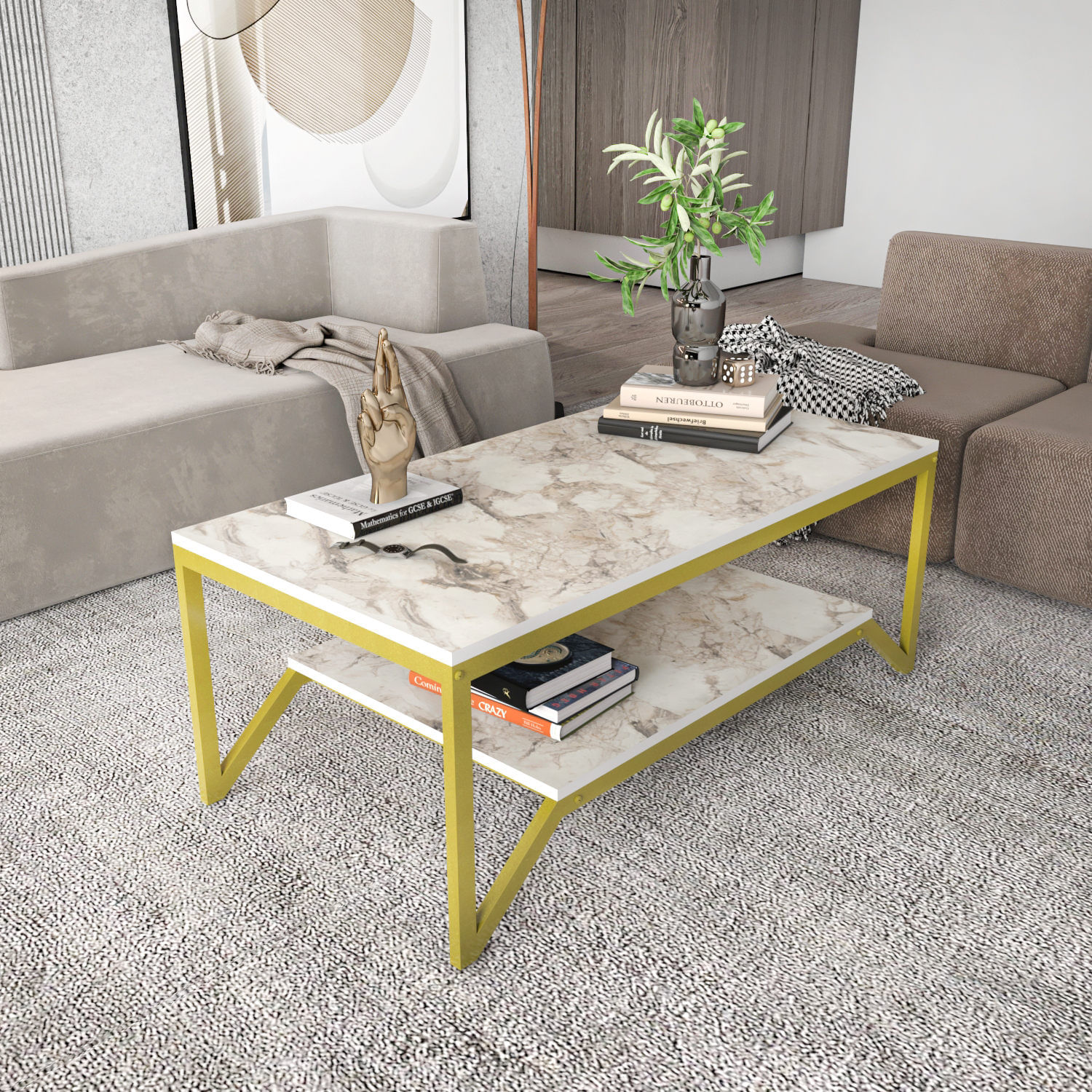 Masuta de cafea, Hanah Home, pal melaminat, auriu si alb, 120x60x45.8 cm — imaginea 3