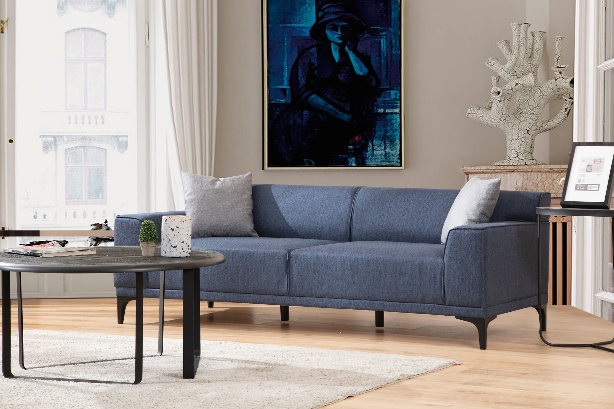 Canapea 3 locuri, Hanah Home, lemn fag si pal, albastru, 215x87x86 cm — imaginea 3