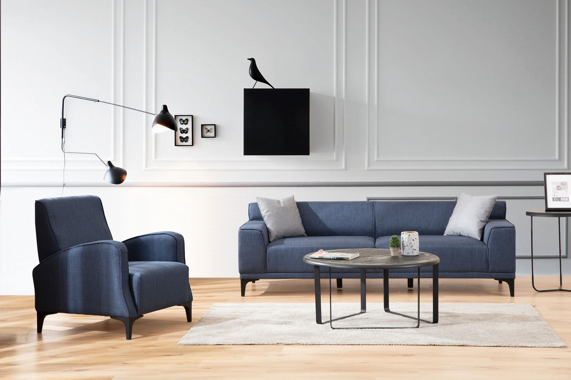 Canapea 3 locuri, Hanah Home, lemn fag si pal, albastru, 215x87x86 cm — imaginea 4