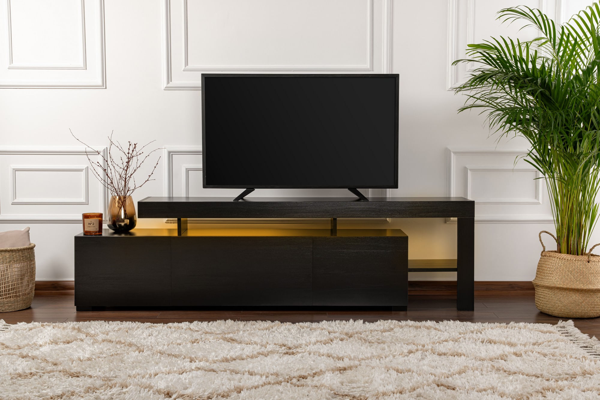 Comoda tv, Hanah Home, pal melaminat, lemn negru, 192x53x37 cm — imaginea 3