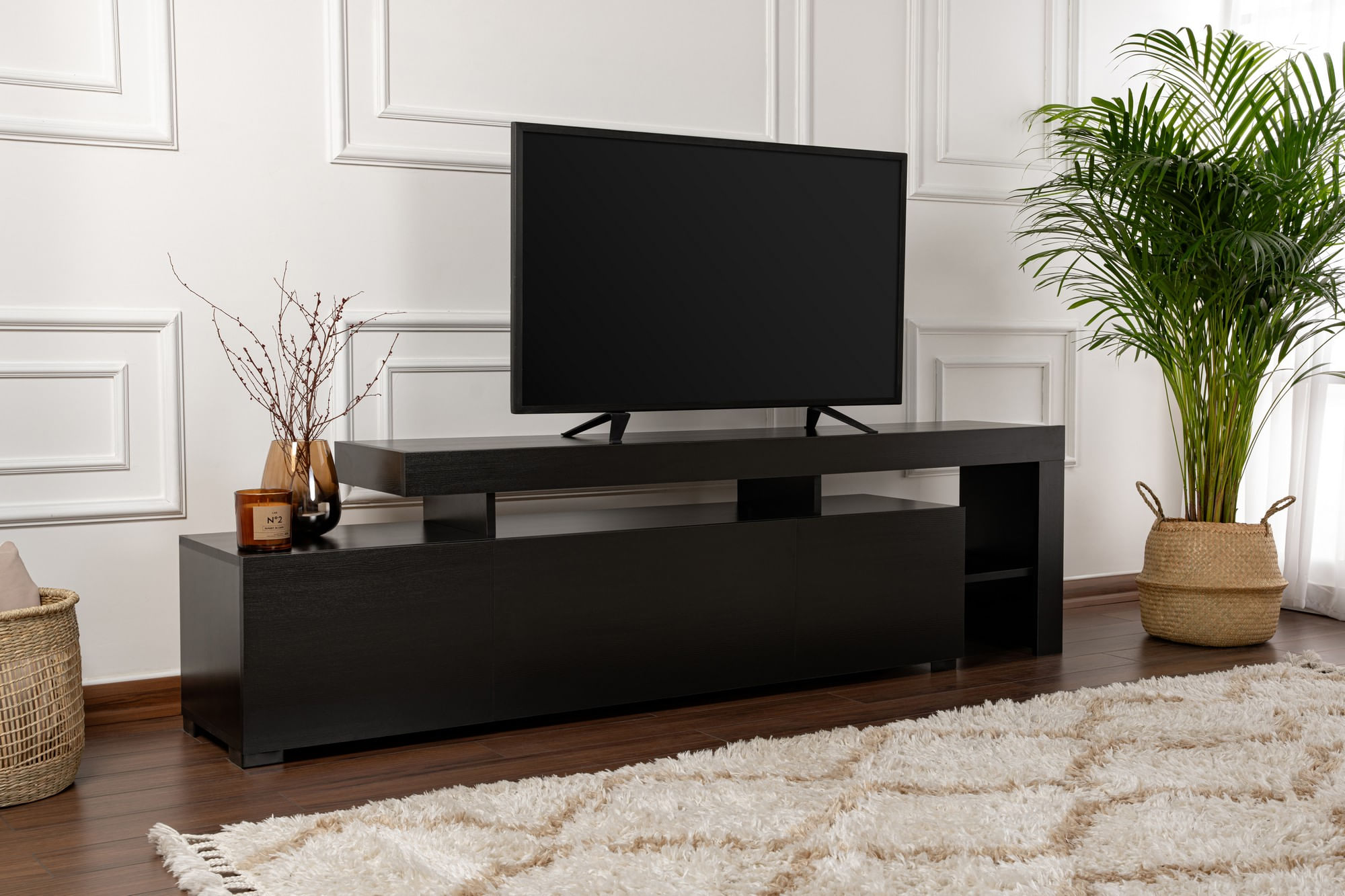Comoda tv, Hanah Home, pal melaminat, lemn negru, 192x53x37 cm — imaginea 12