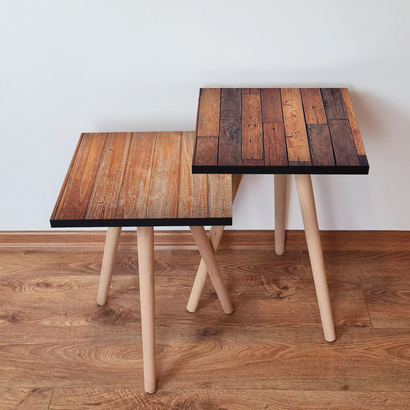 Set masute de cafea, Hanah Home, mdf, maro si camel, 35x35x47 cm, picioare lemn fag