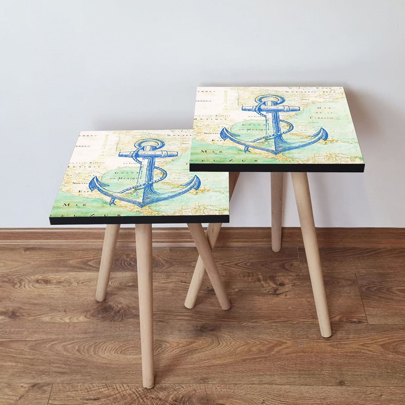 Set masute de cafea, Hanah Home, mdf, albastru marin verde bej, 35x35x47 cm, 481LNA2553