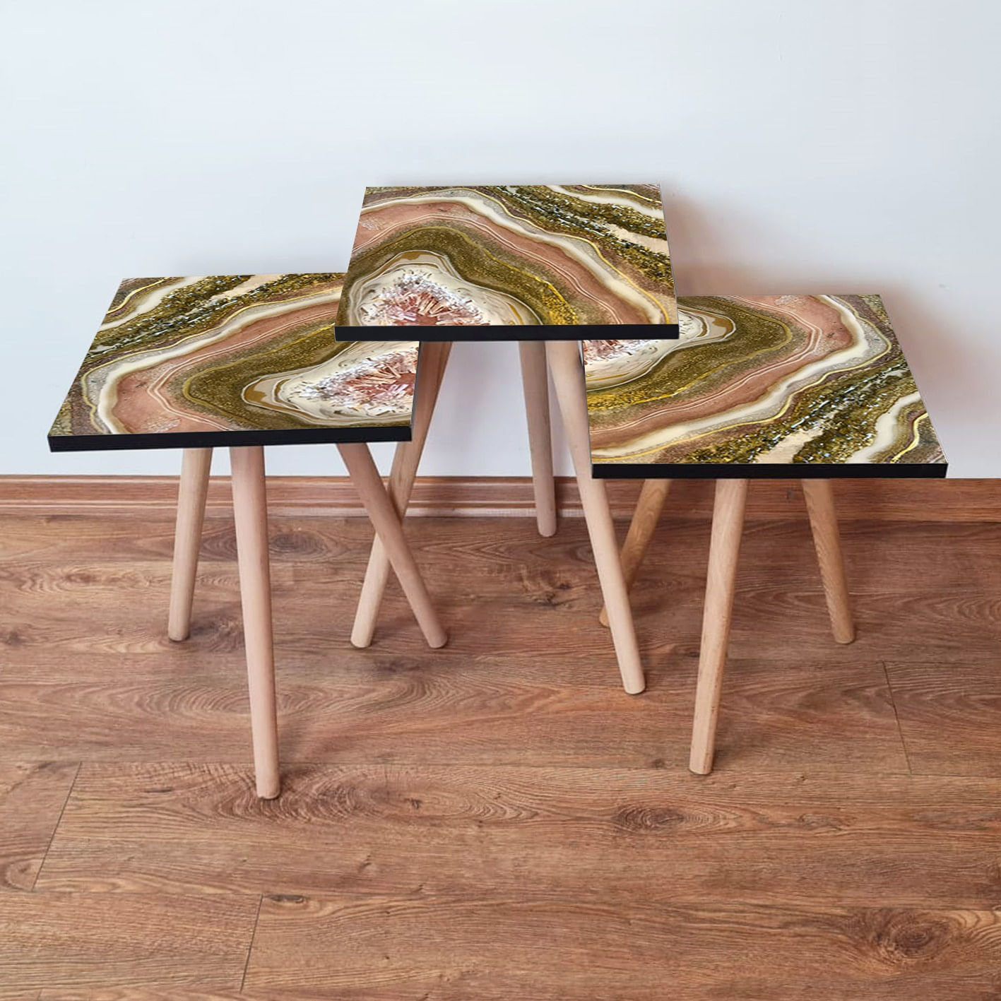 Set masute de cafea, Hanah Home, mdf, maro bej auriu, 35x35x52 cm