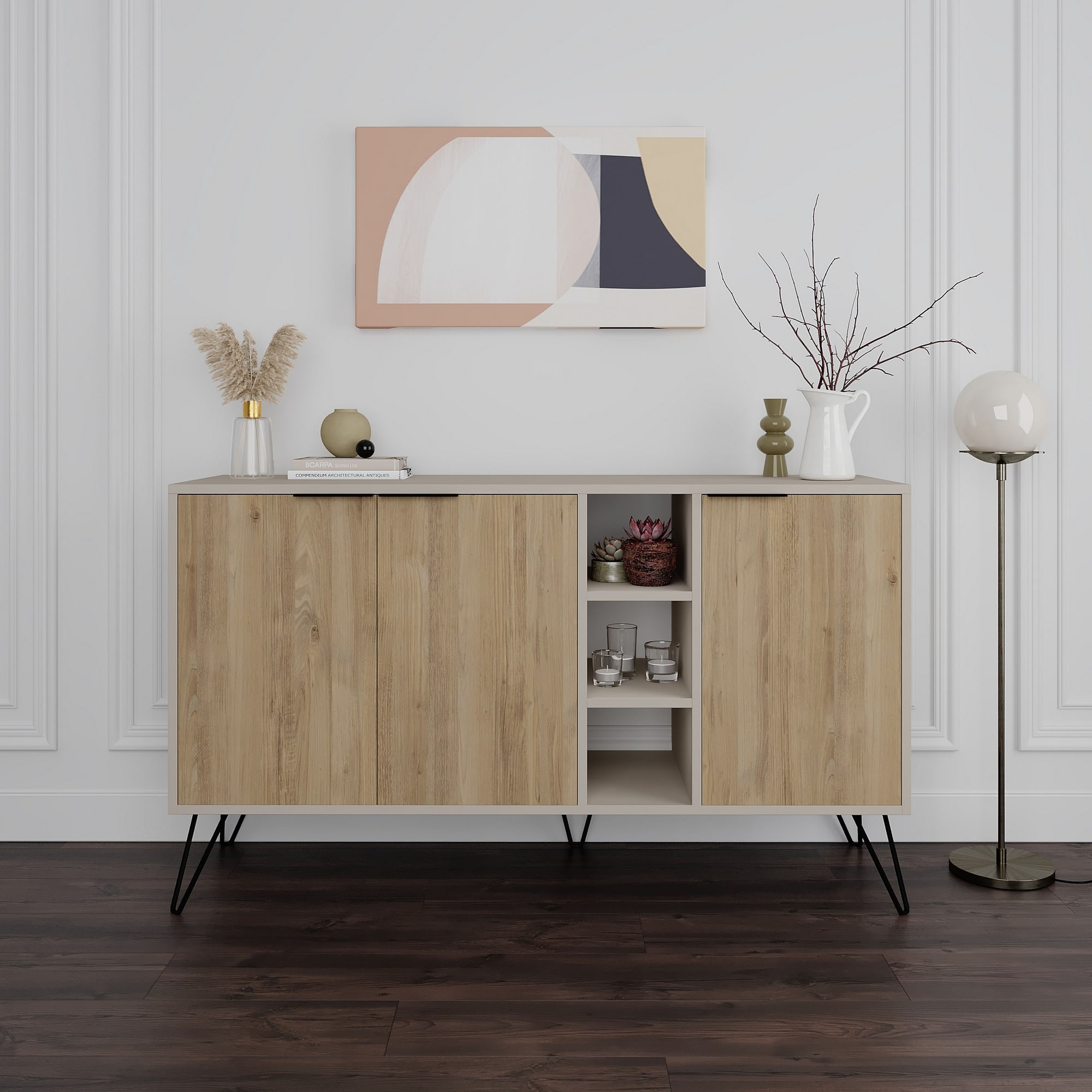 Consola, Hanah Home, panou de particule melaminat, gresie si stejar, 142x35,6x83 cm — imaginea 2