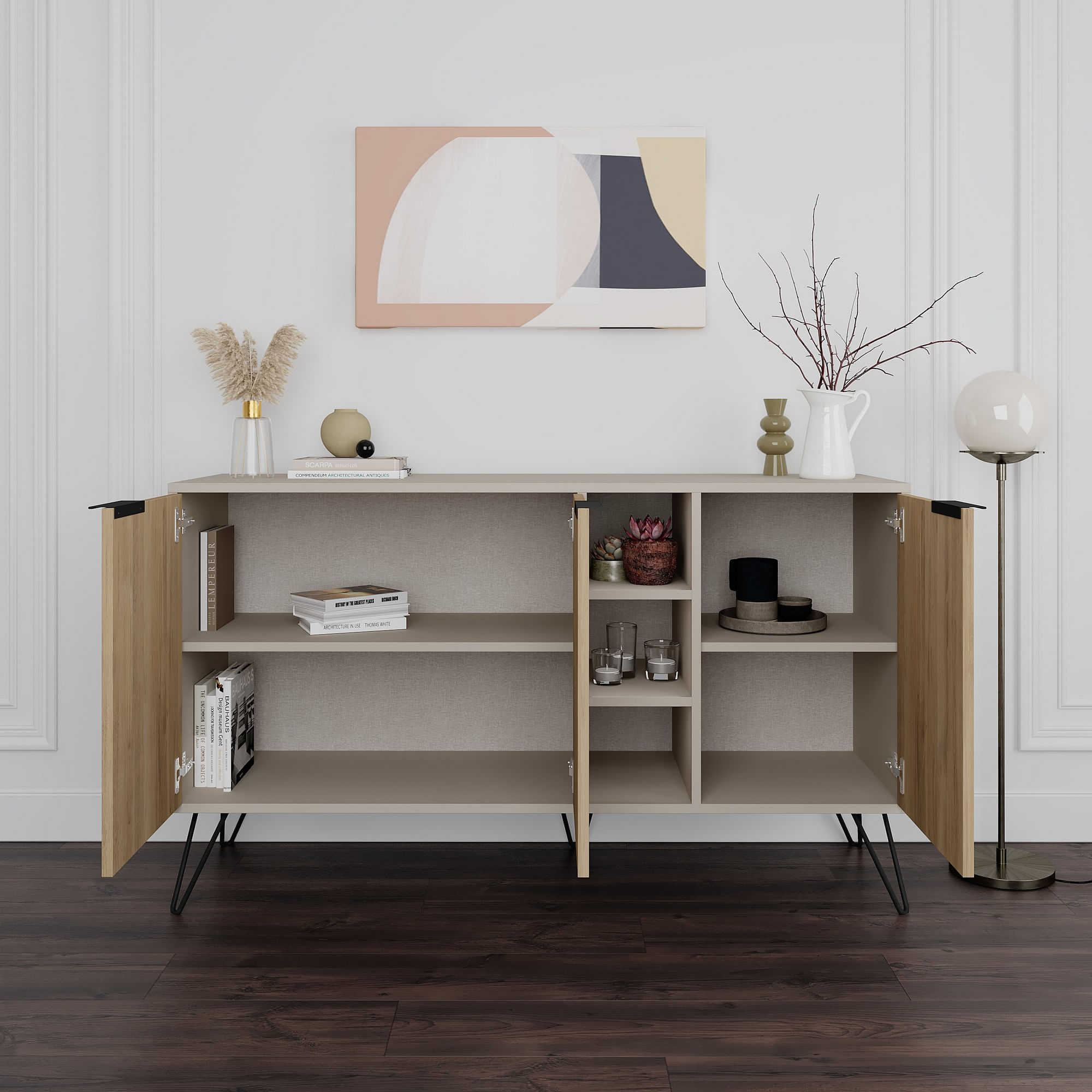 Consola, Hanah Home, panou de particule melaminat, gresie si stejar, 142x35,6x83 cm — imaginea 3