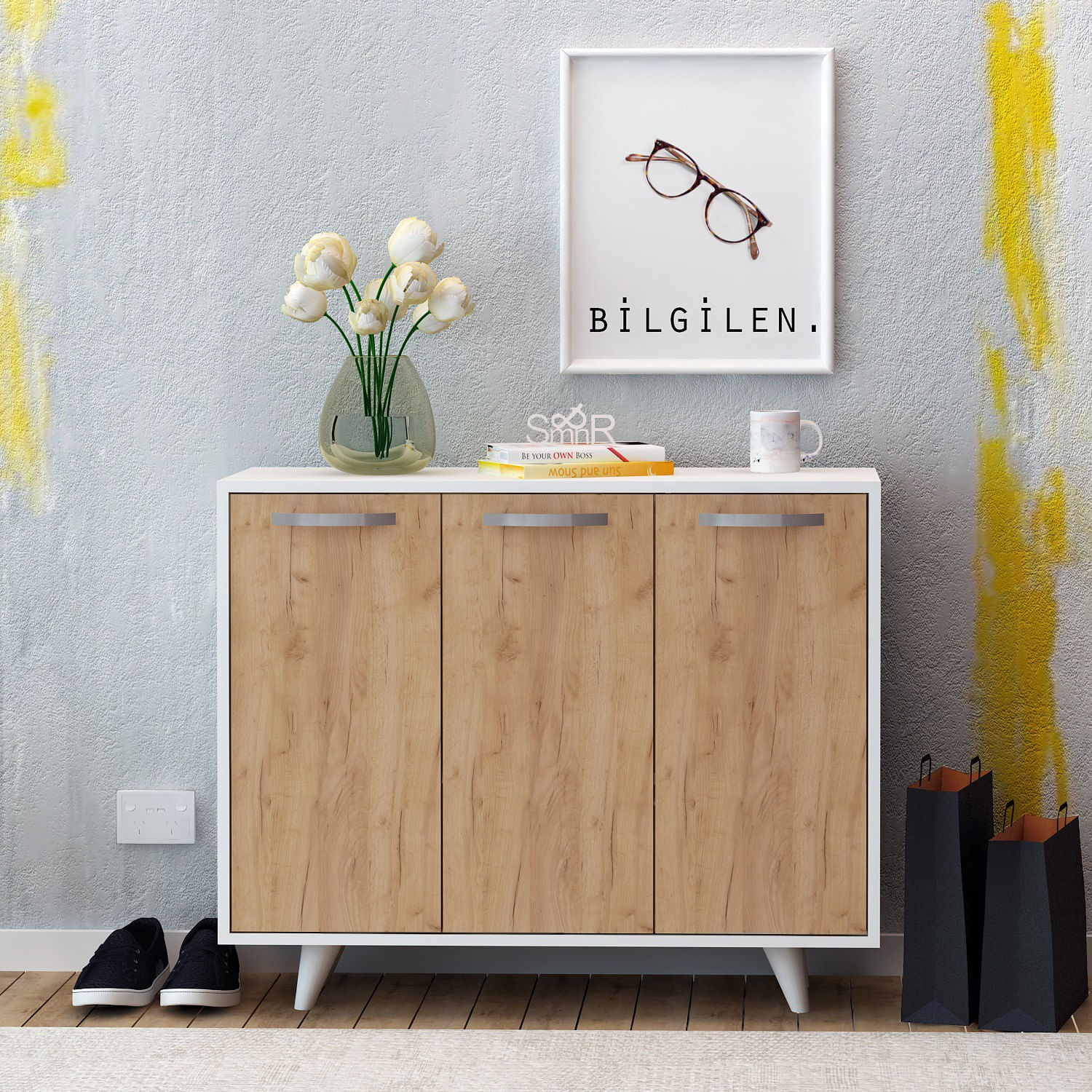Dulap multifunctional, Hanah Home, PAL melaminat, stejar si alb, 100x35x82 cm — imaginea 3