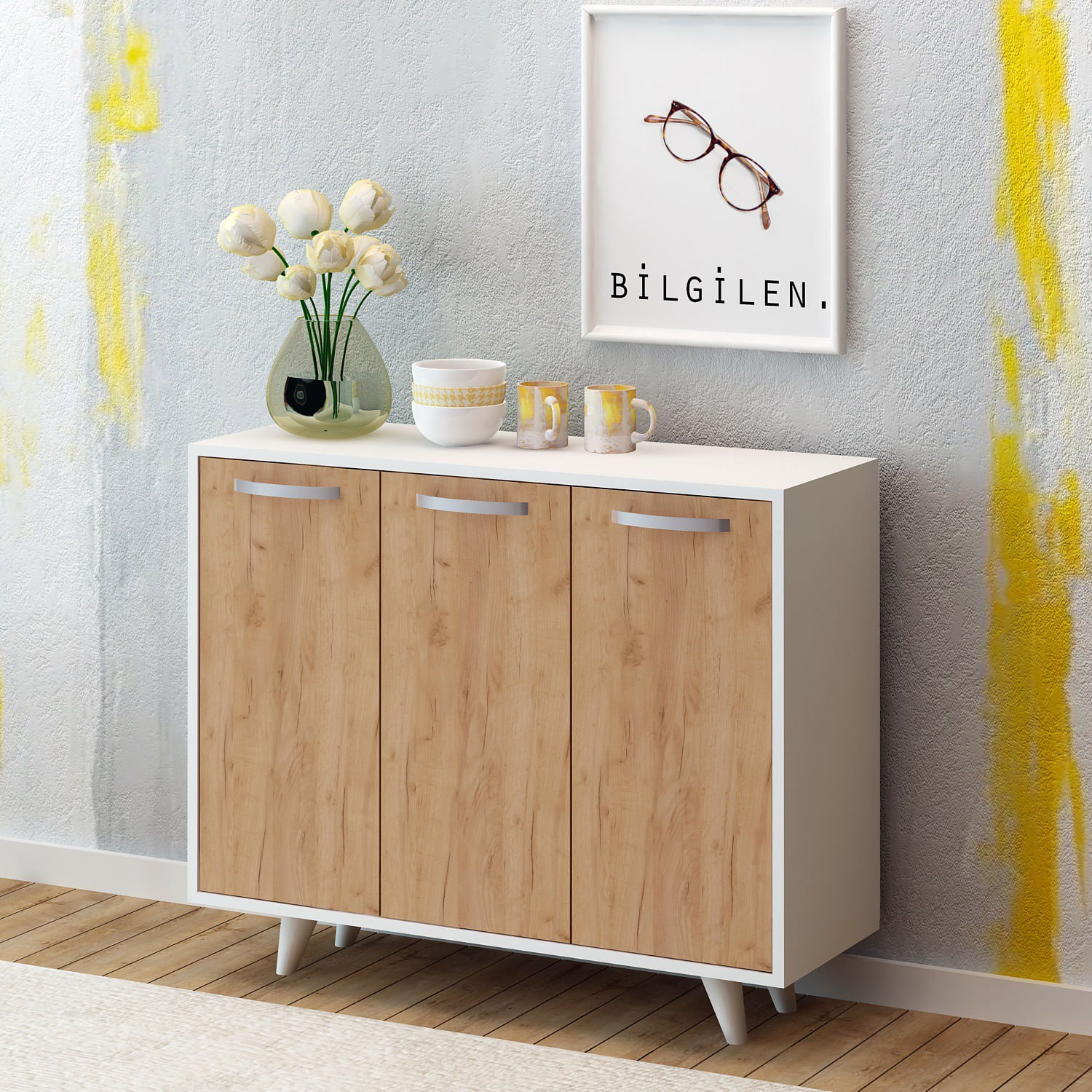 Dulap multifunctional, Hanah Home, PAL melaminat, stejar si alb, 100x35x82 cm — imaginea 4