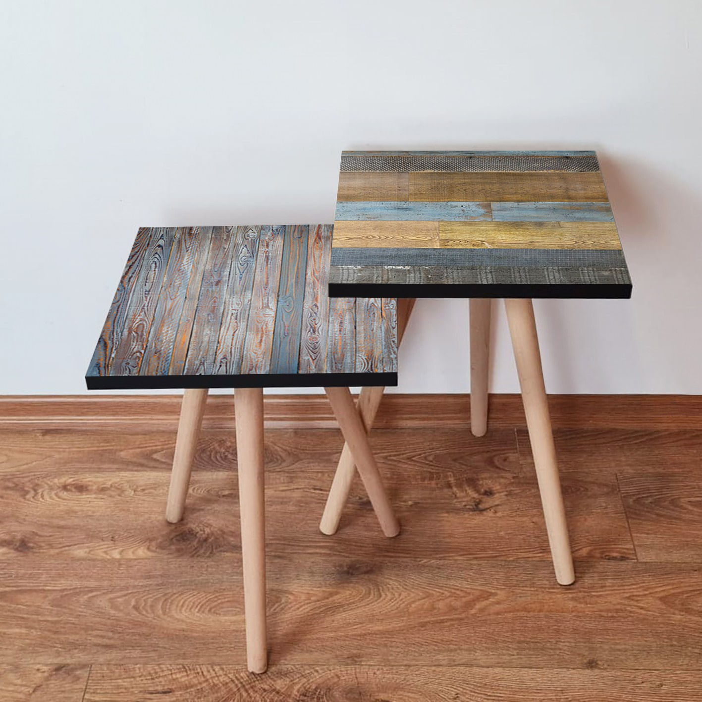 Set masute de cafea, Hanah Home, mdf, gri/albastru/maro/camel, 35x35x47 cm, picioare lemn fag