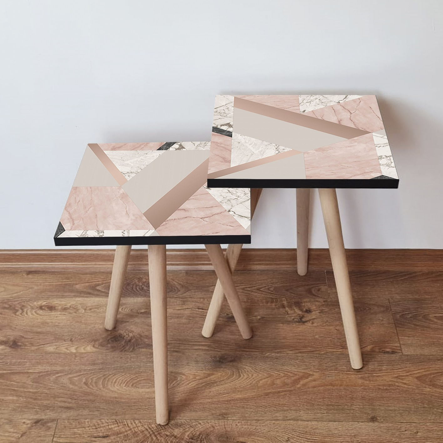 Set masute de cafea tip cuib, Hanah Home, mdf, roz si bej, alb si negru, 35x35x47 cm, picioare lemn fag