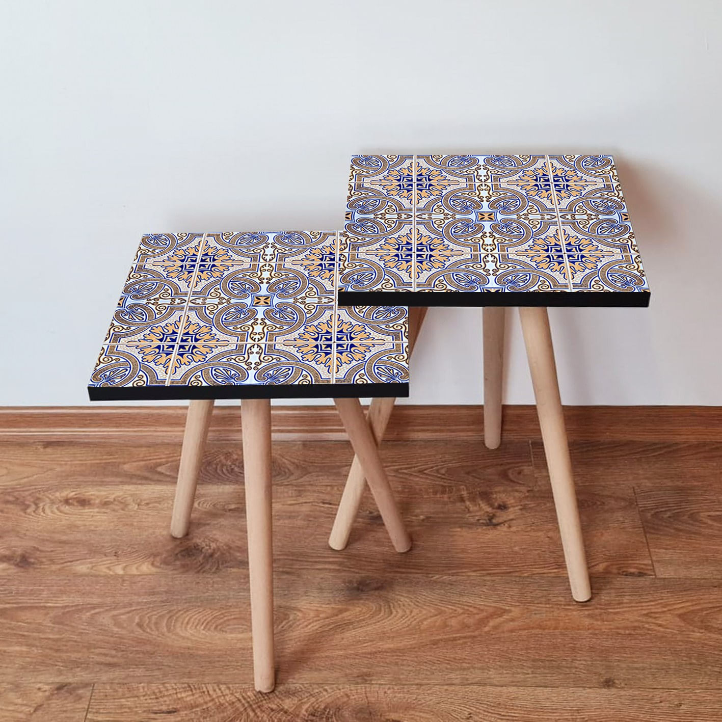 Set masute de cafea nesting, Hanah Home, mdf, bej, albastru marin, galben, 35x35x47 cm