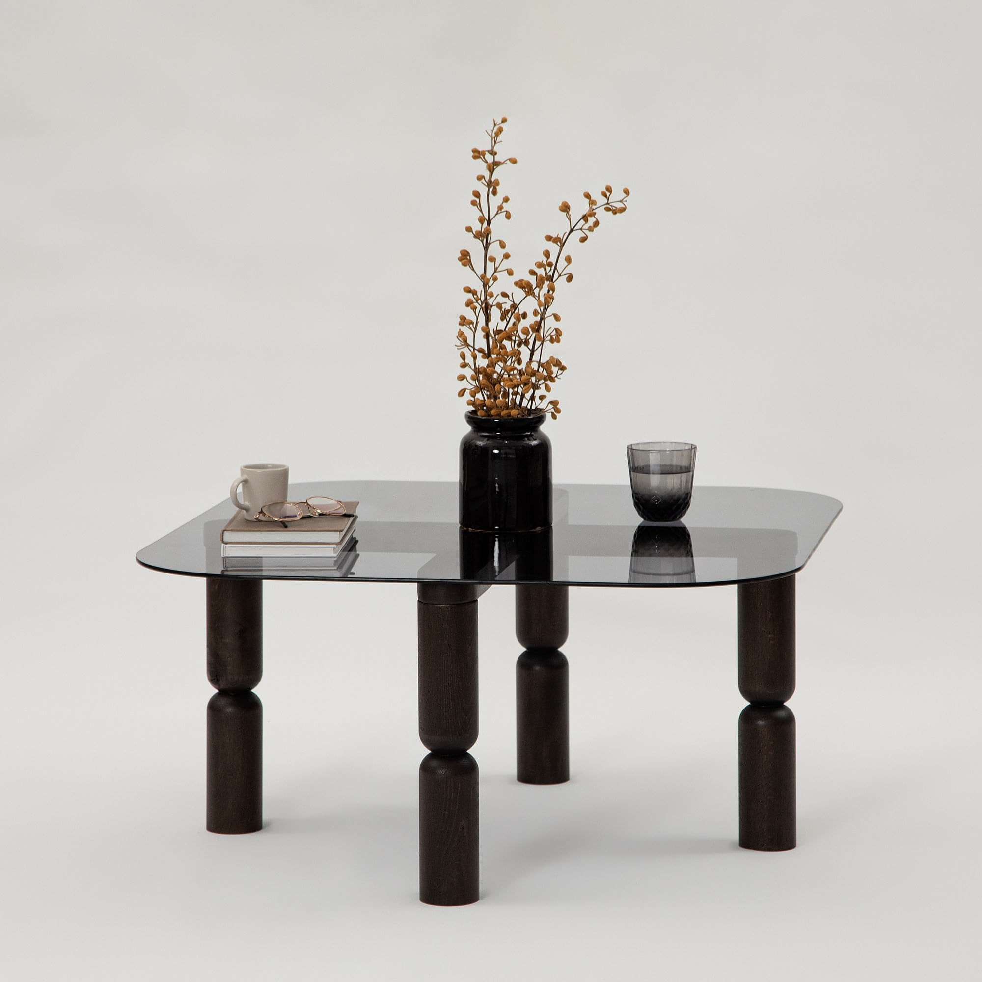 Masuta de cafea, Hanah Home, sticla securizata si lemn masiv, antracit si fum, 80x80x40 cm — imaginea 3