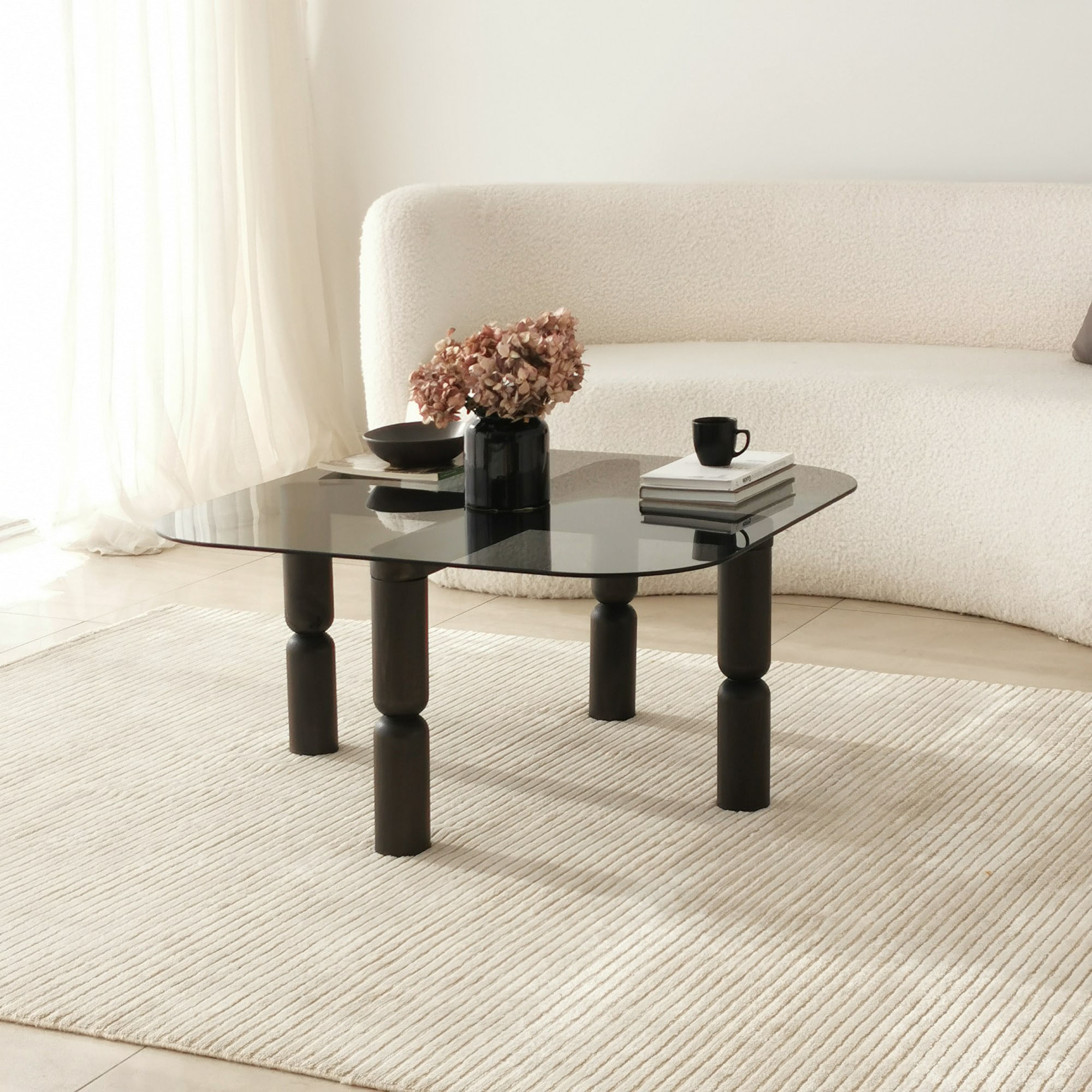 Masuta de cafea, Hanah Home, sticla securizata si lemn masiv, antracit si fum, 80x80x40 cm — imaginea 4