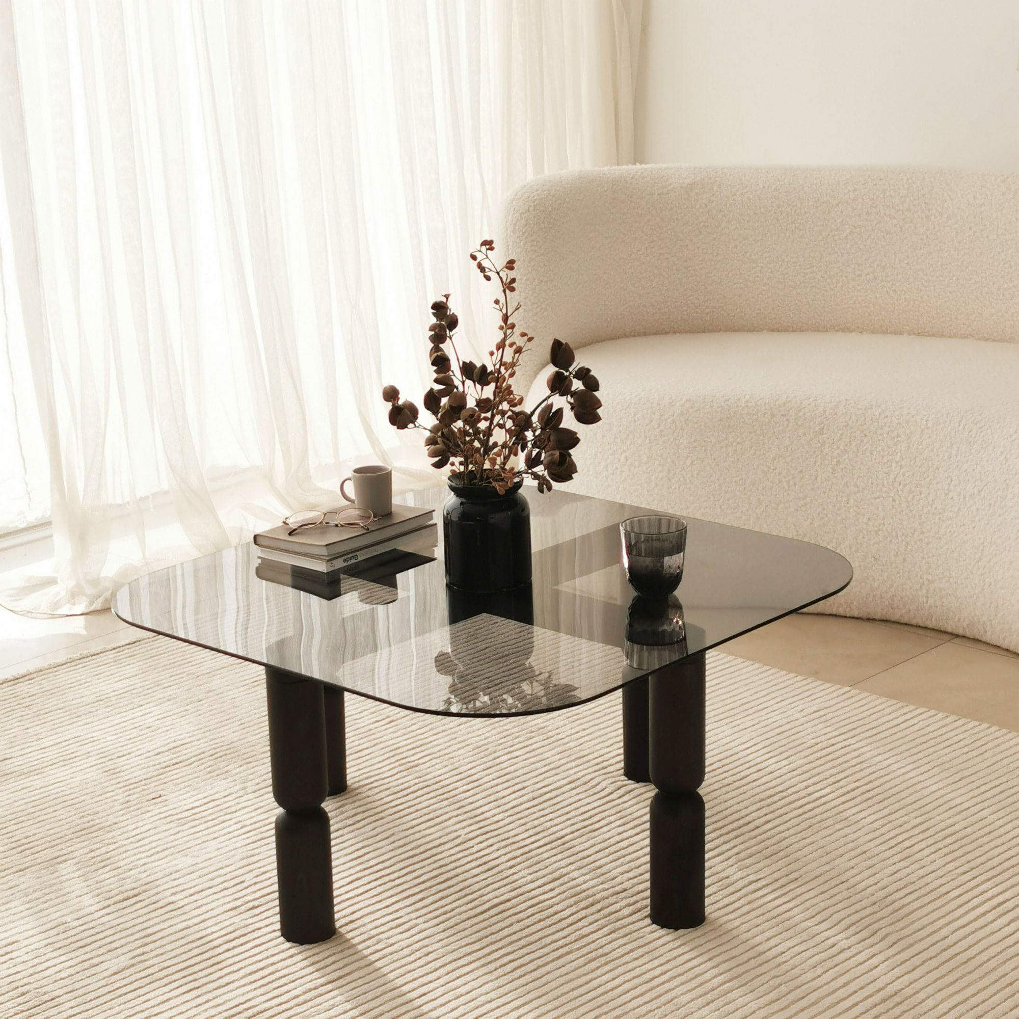 Masuta de cafea, Hanah Home, sticla securizata si lemn masiv, antracit si fum, 80x80x40 cm — imaginea 7