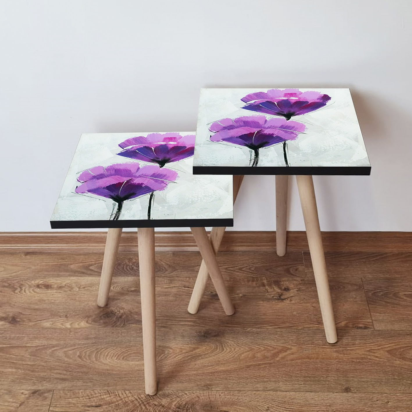 Set masute de cafea cuib, Hanah Home, mdf, mov negru alb, 35x47x35 cm, 35x42x35 cm