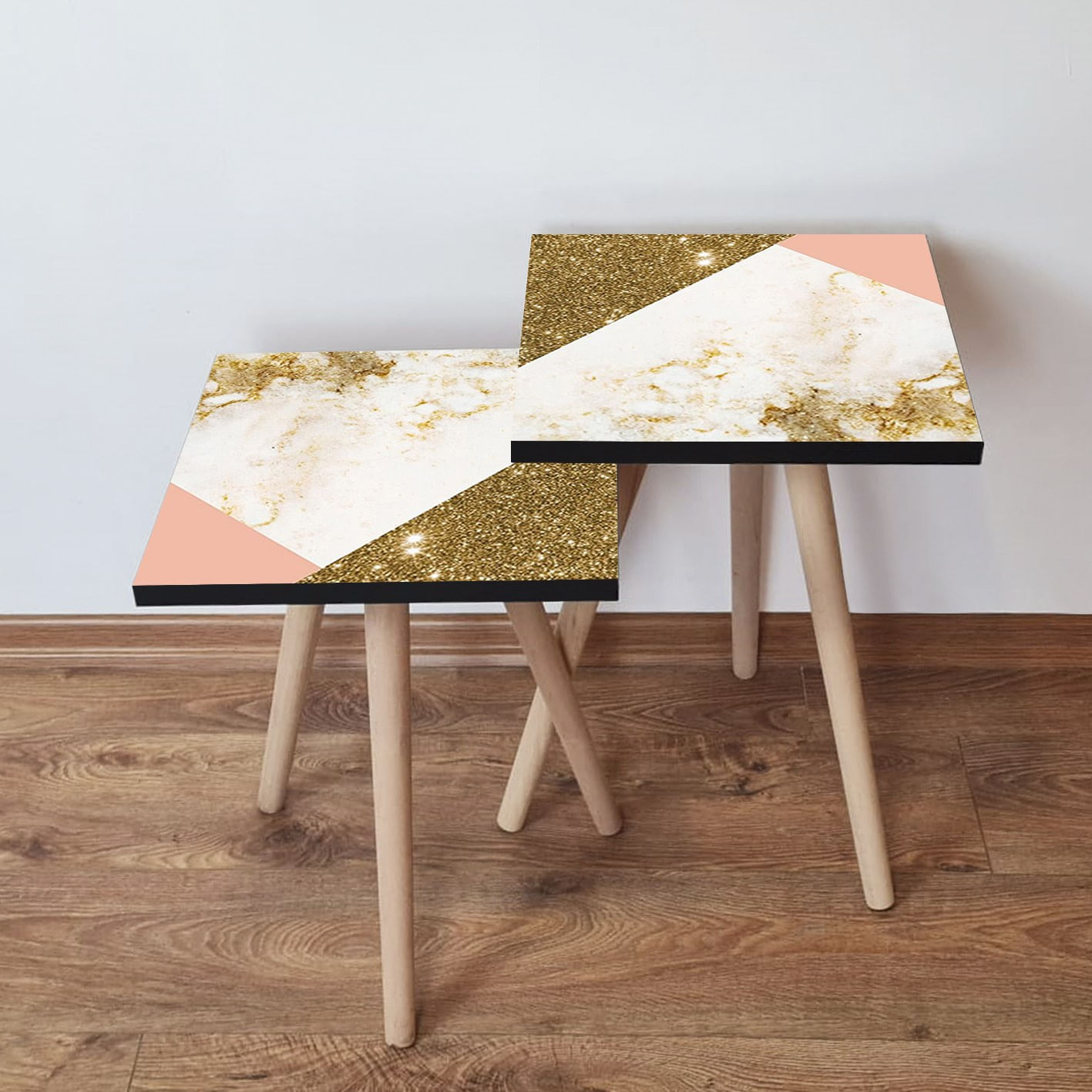 Set masute de cafea, Hanah Home, mdf, auriu alb somon, 35x47x35 cm, 35x42x35 cm