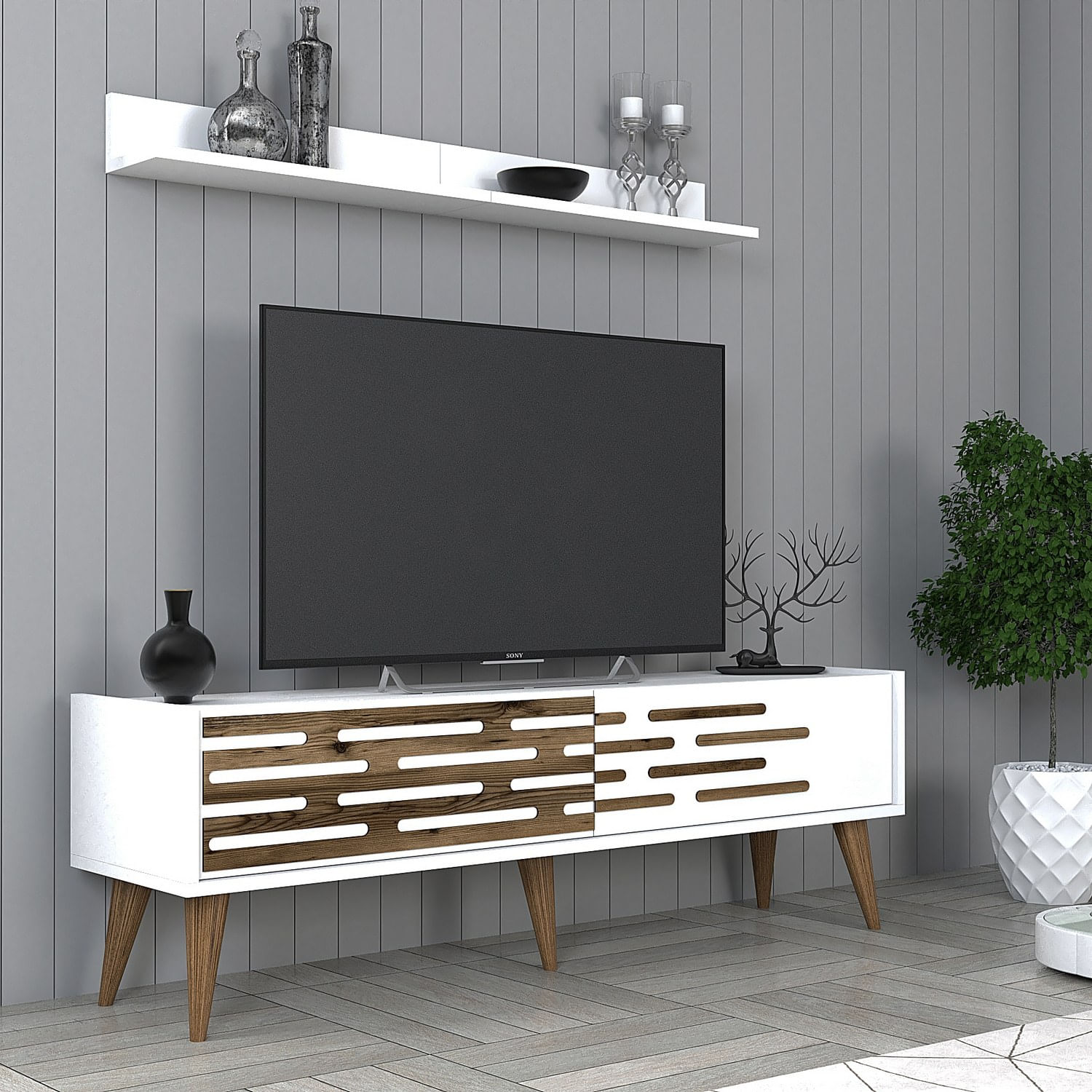 Comoda tv, Hanah Home, pal melaminat, alb, 140x35x45 cm — imaginea 2