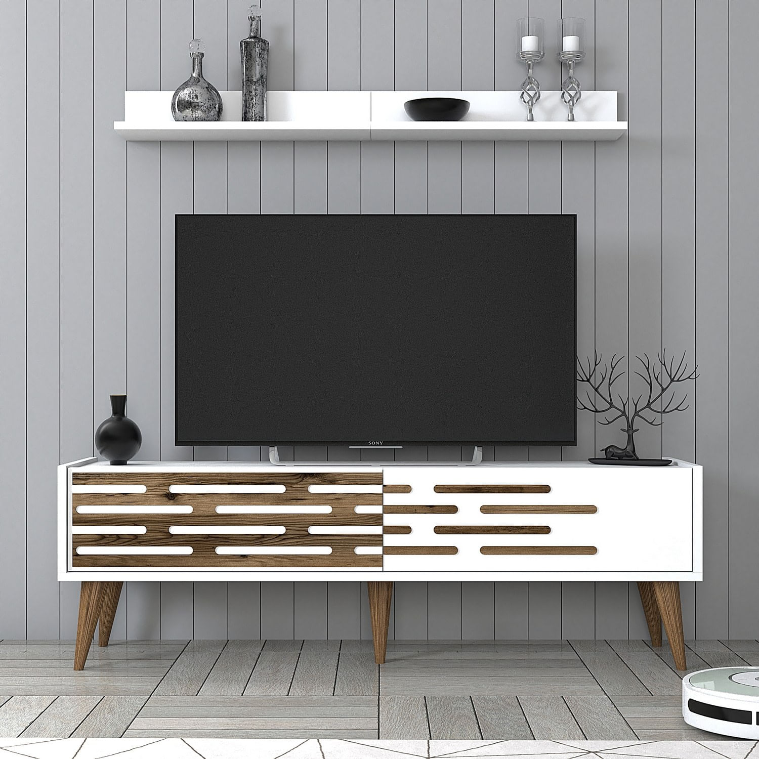 Comoda tv, Hanah Home, pal melaminat, alb, 140x35x45 cm — imaginea 3