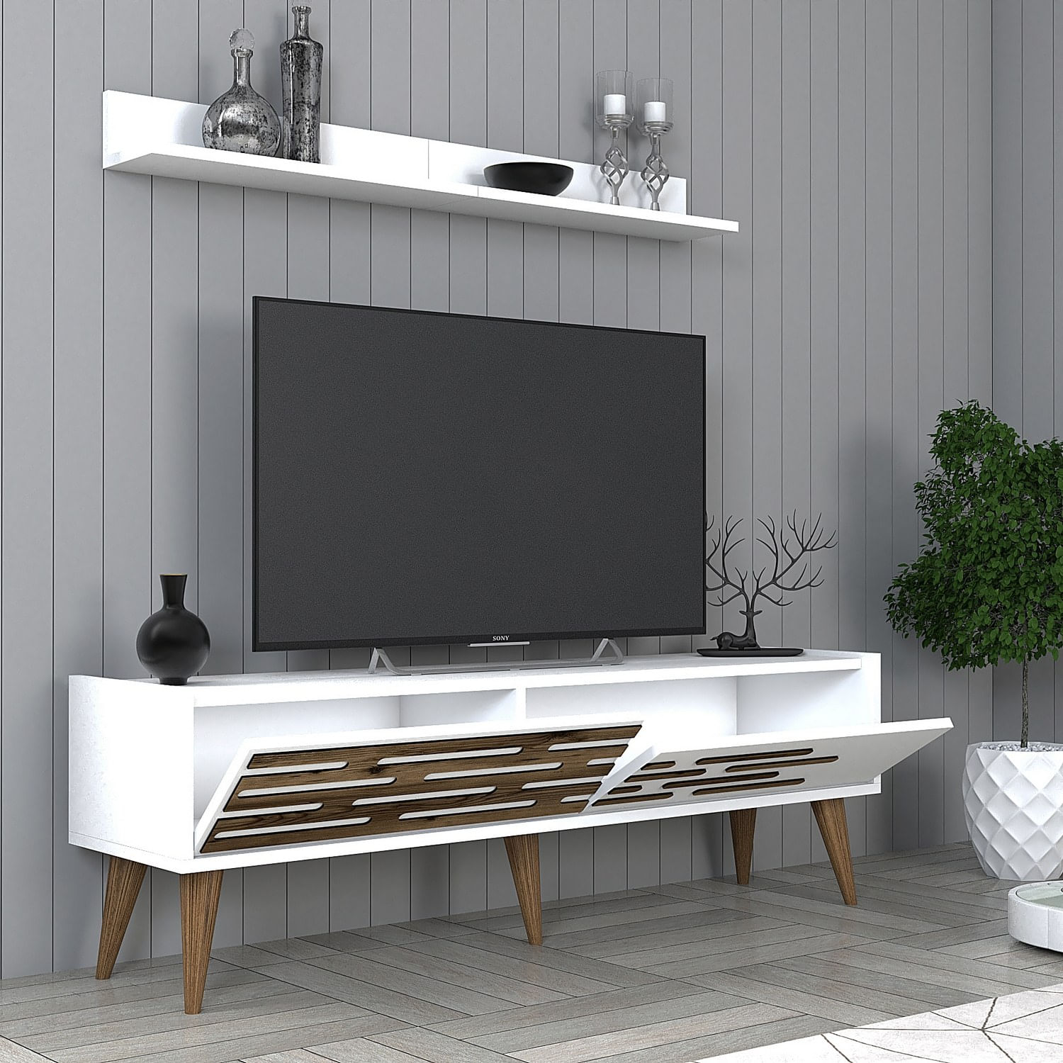 Comoda tv, Hanah Home, pal melaminat, alb, 140x35x45 cm — imaginea 4