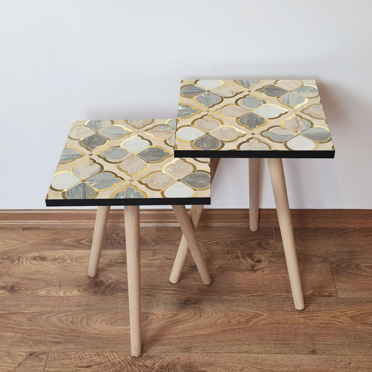 Set masute de cafea, Hanah Home, mdf, gri si auriu, 35x35x47 cm, 35x35x42 cm