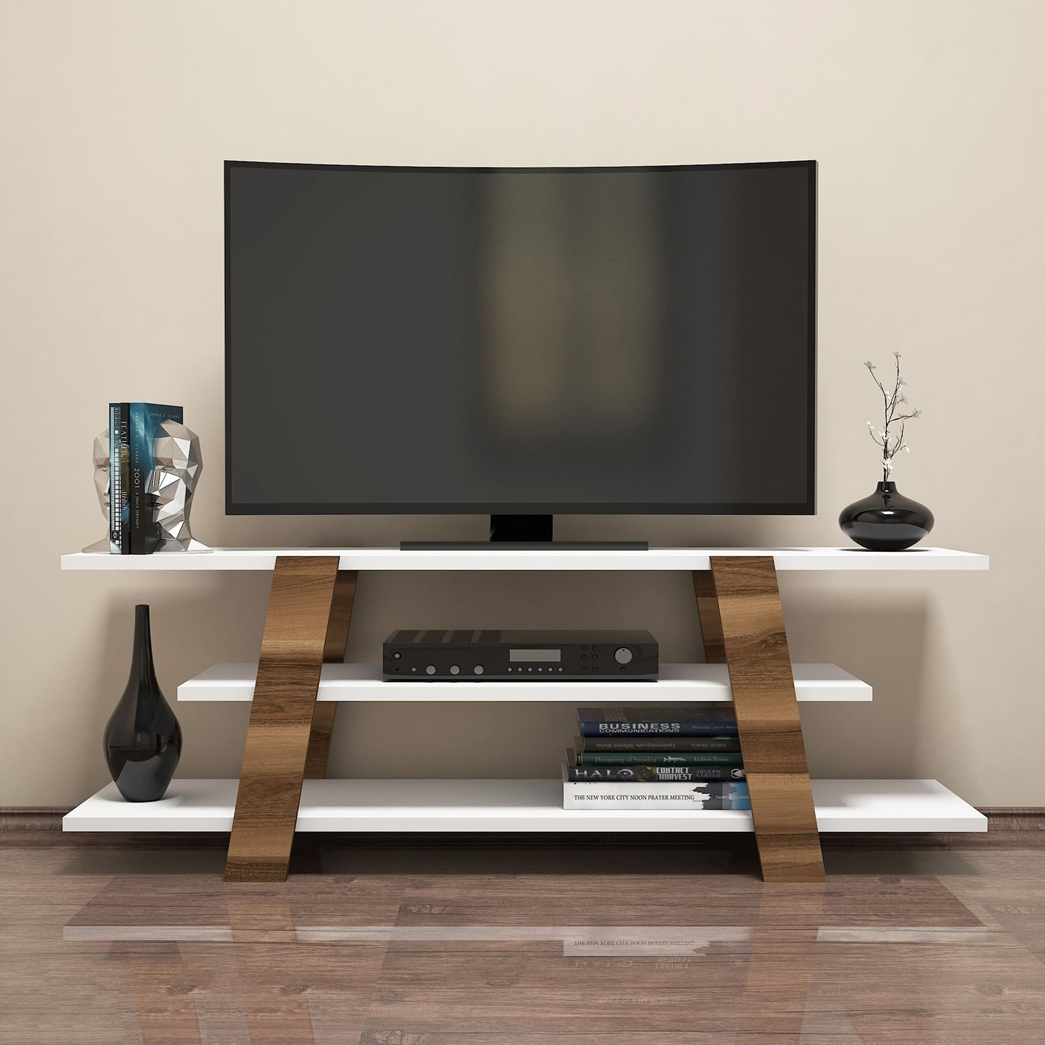 Comoda tv, Hanah Home, pal melaminat, nuc si alb, 120x42x33.6 cm — imaginea 3