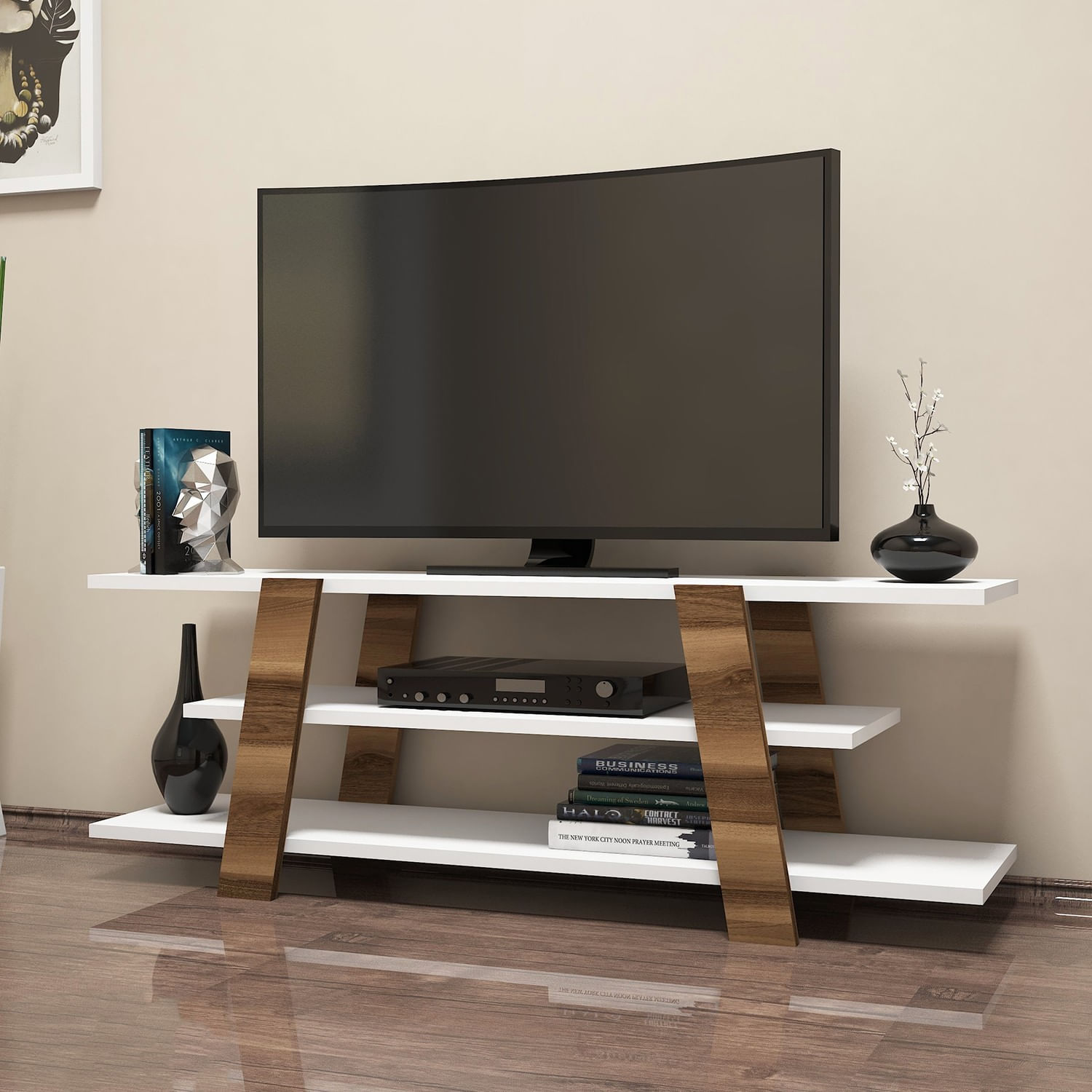 Comoda tv, Hanah Home, pal melaminat, nuc si alb, 120x42x33.6 cm — imaginea 4