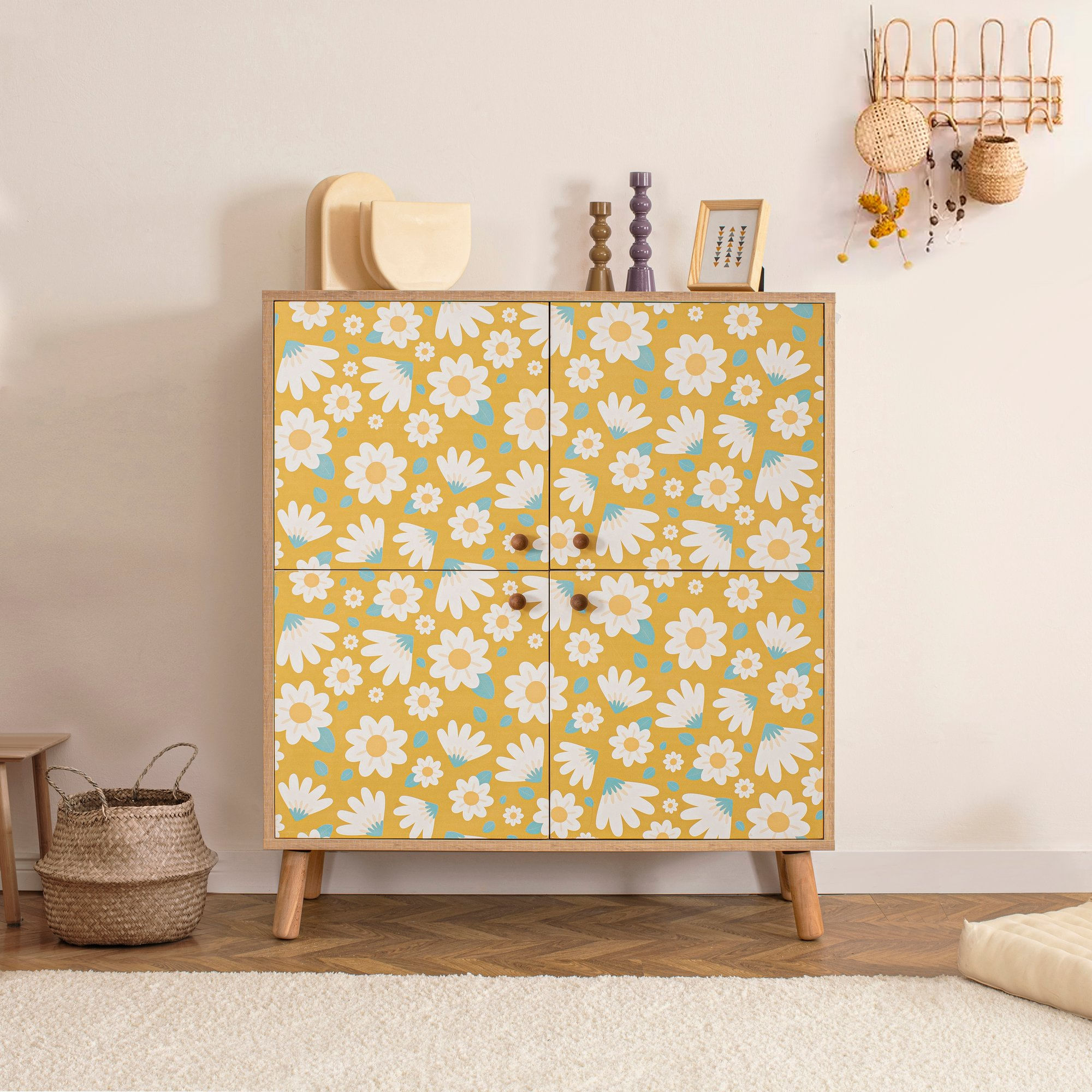 Dulap multifunctional, Hanah Home, pal melaminat, sonoma, galben, alb, 95x36x111 cm — imaginea 4