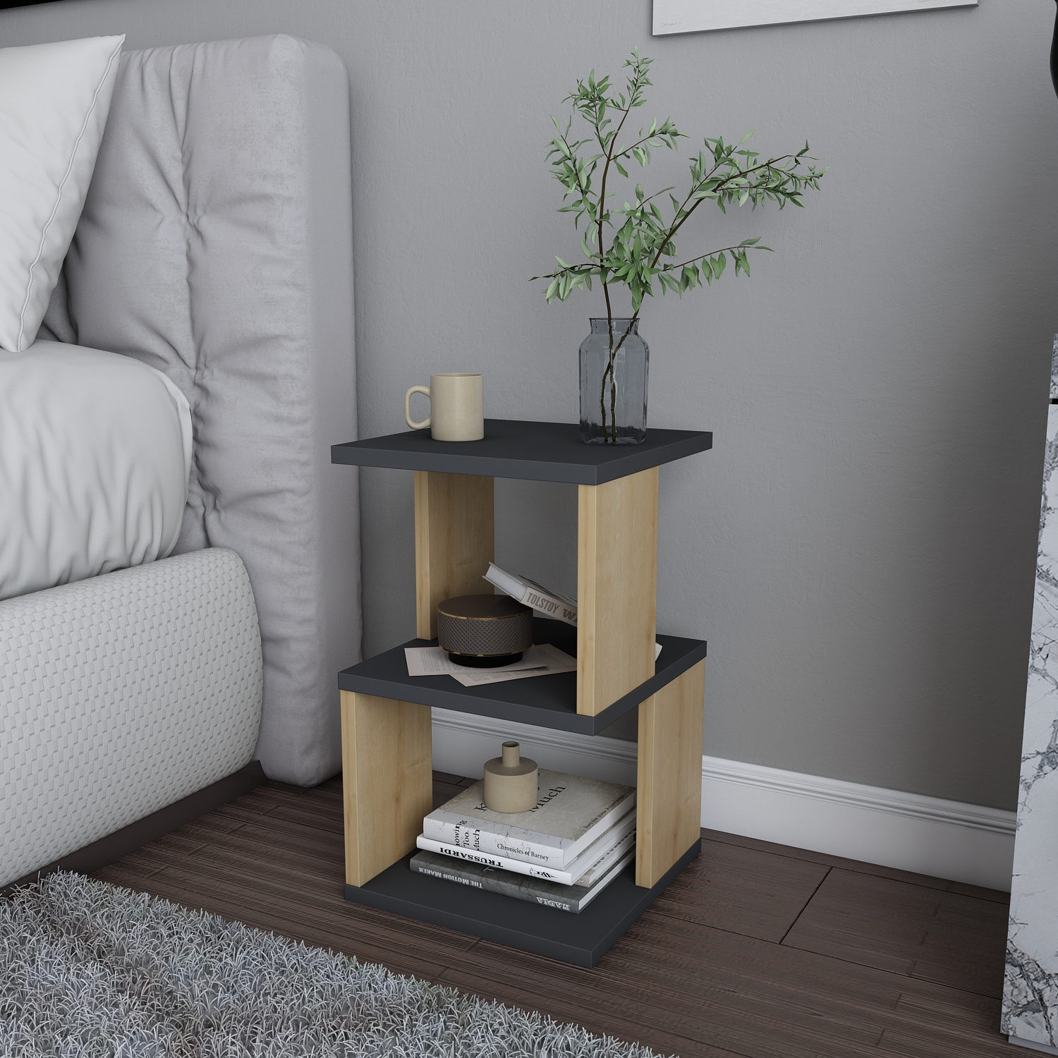 Noptiera, Hanah Home, pal melaminat, antracit si stejar, 29.6x29.6x49.4 cm — imaginea 4