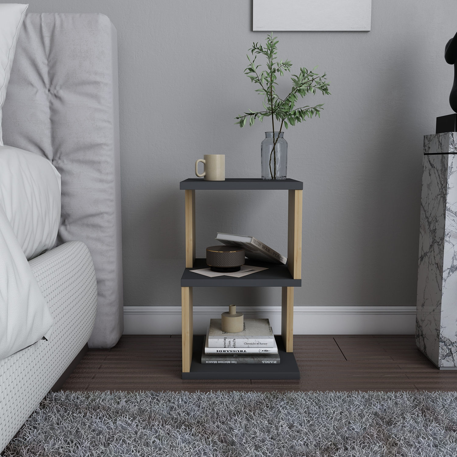 Noptiera, Hanah Home, pal melaminat, antracit si stejar, 29.6x29.6x49.4 cm — imaginea 5