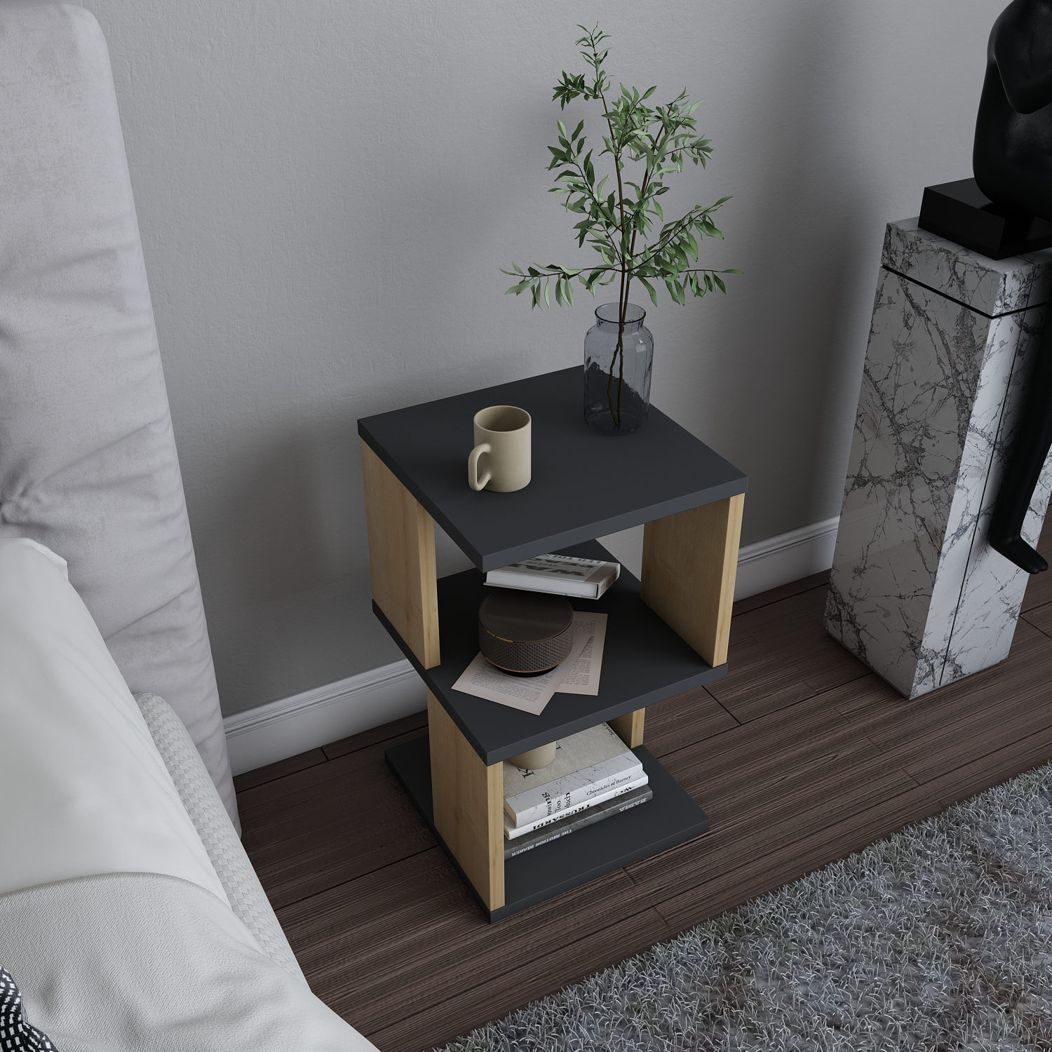 Noptiera, Hanah Home, pal melaminat, antracit si stejar, 29.6x29.6x49.4 cm — imaginea 6