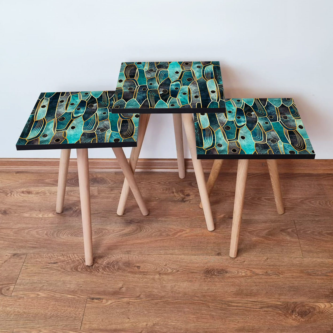 Set masute cuib, Hanah Home, mdf, albastru verde auriu negru, 35x35x52 cm