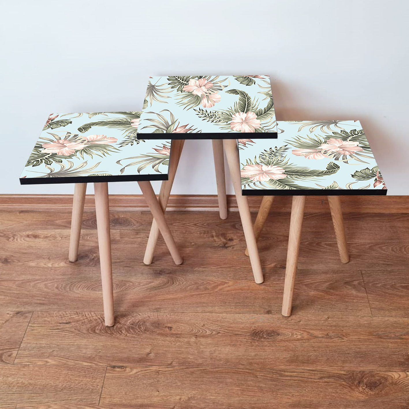 Set masute de cafea, Hanah Home, mdf, albastru, roz deschis, verde, 35x35x52 cm