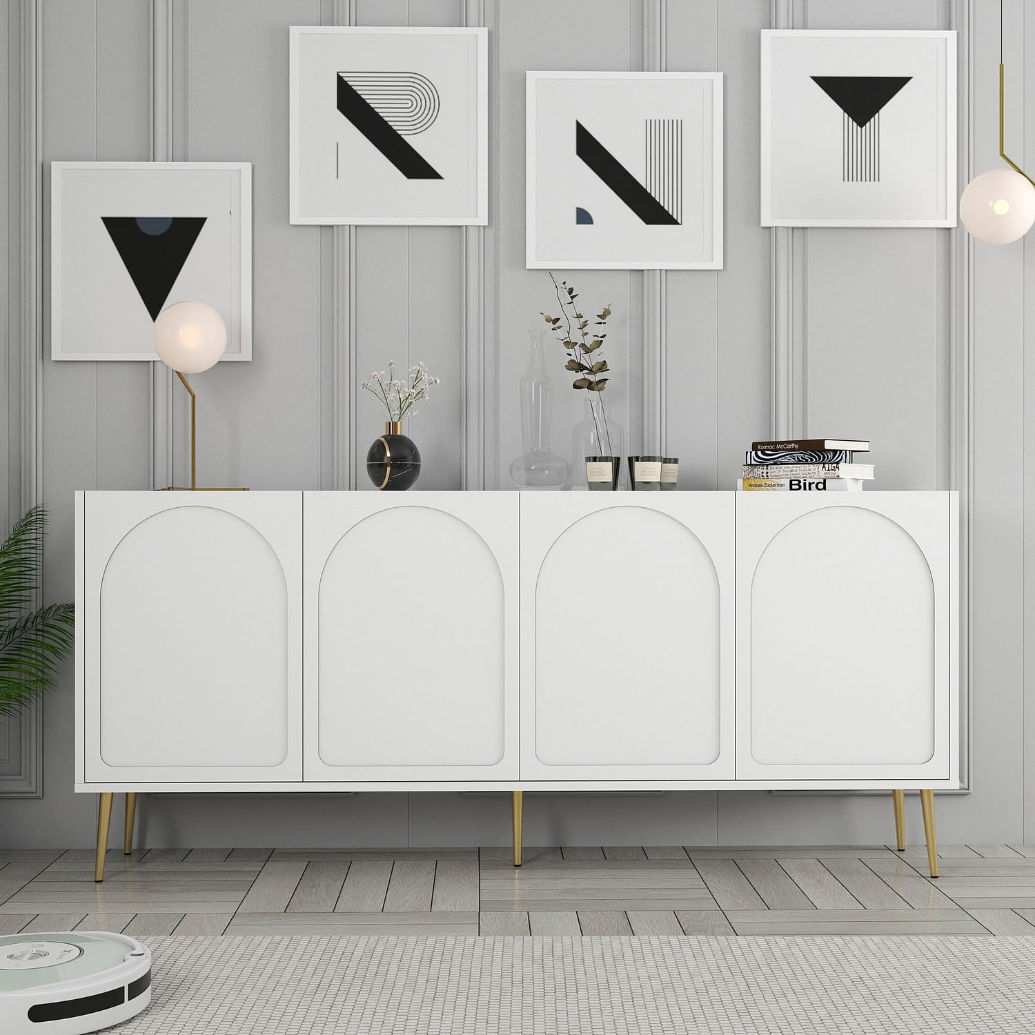Consola, Hanah Home, panou de particule melaminat, alb auriu, 180x35x80 cm — imaginea 3