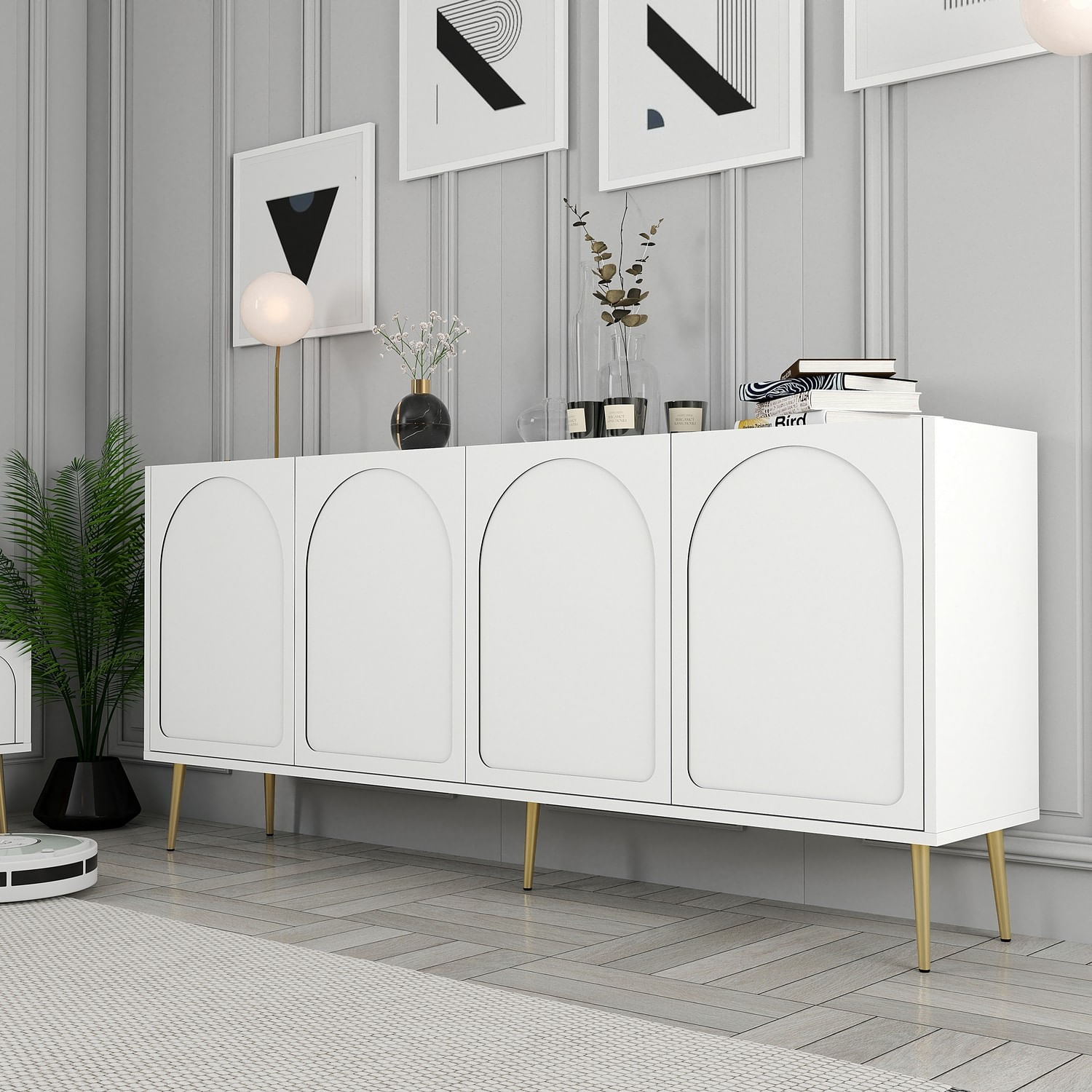Consola, Hanah Home, panou de particule melaminat, alb auriu, 180x35x80 cm — imaginea 6