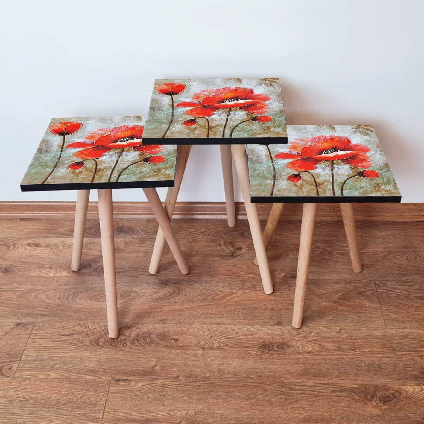 Set masute de cafea, Hanah Home, mdf, rosu negru bej, 35x35x52 cm
