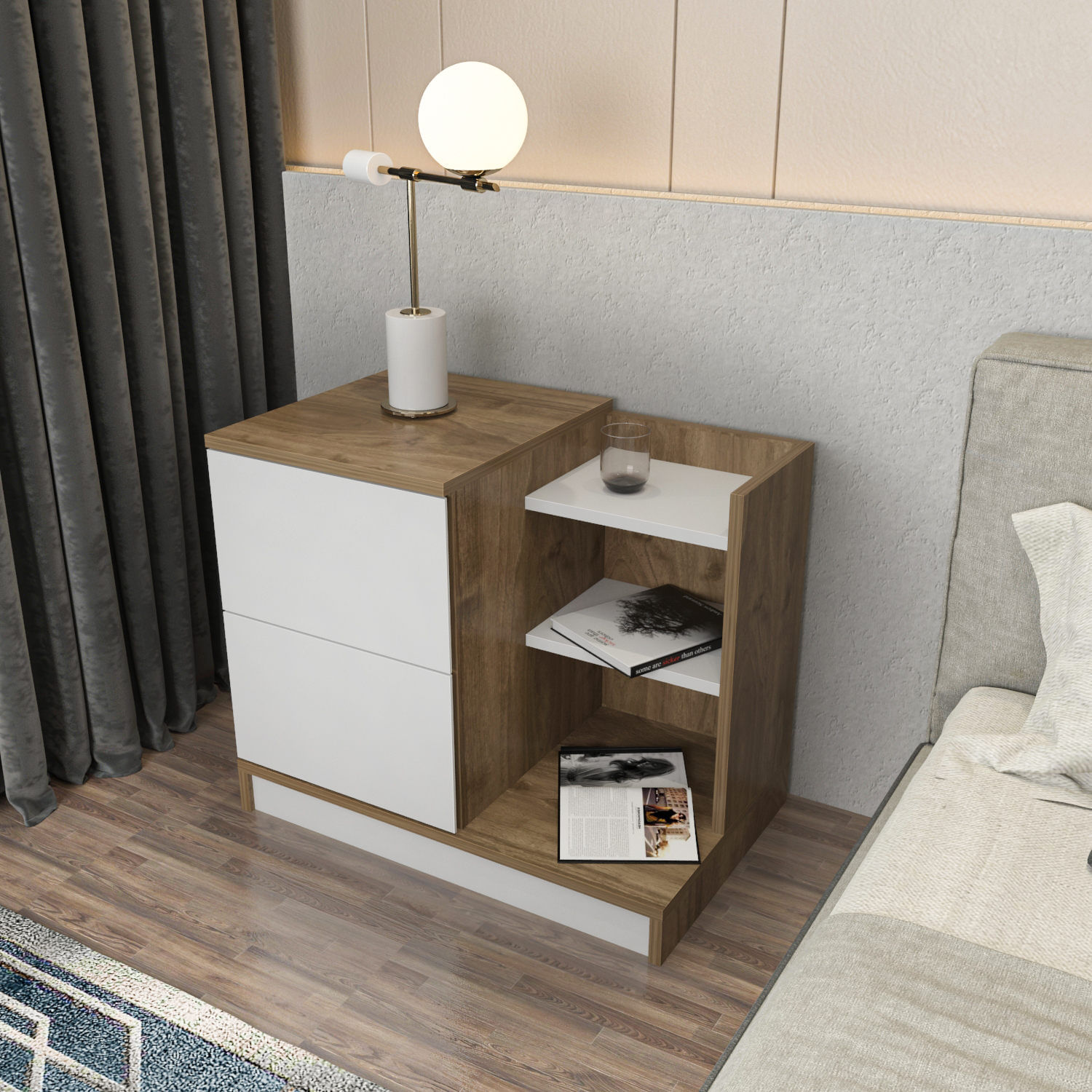 Noptiera, Hanah Home, pal melaminat, alb si nuc, 72x45x60 cm — imaginea 4