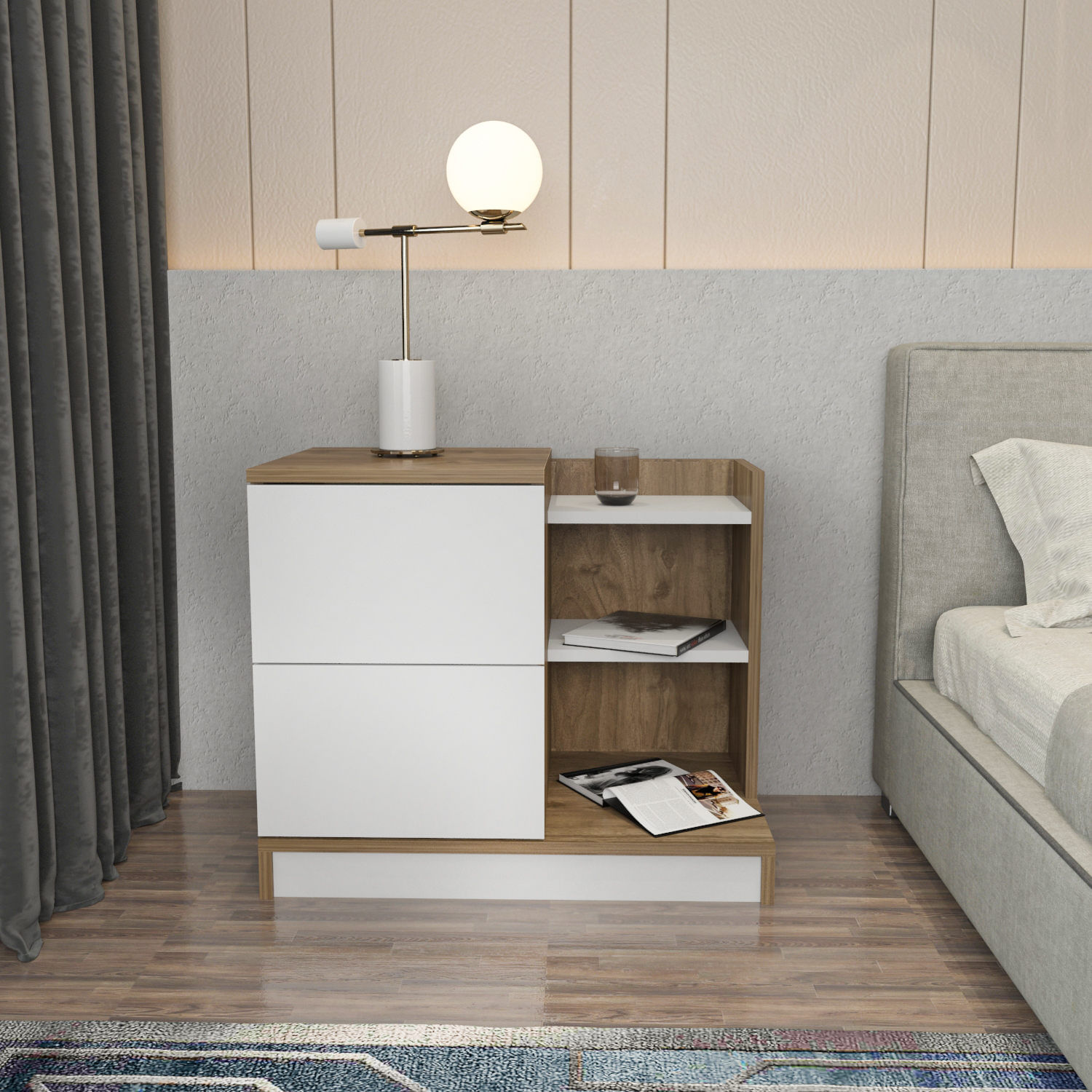 Noptiera, Hanah Home, pal melaminat, alb si nuc, 72x45x60 cm — imaginea 5