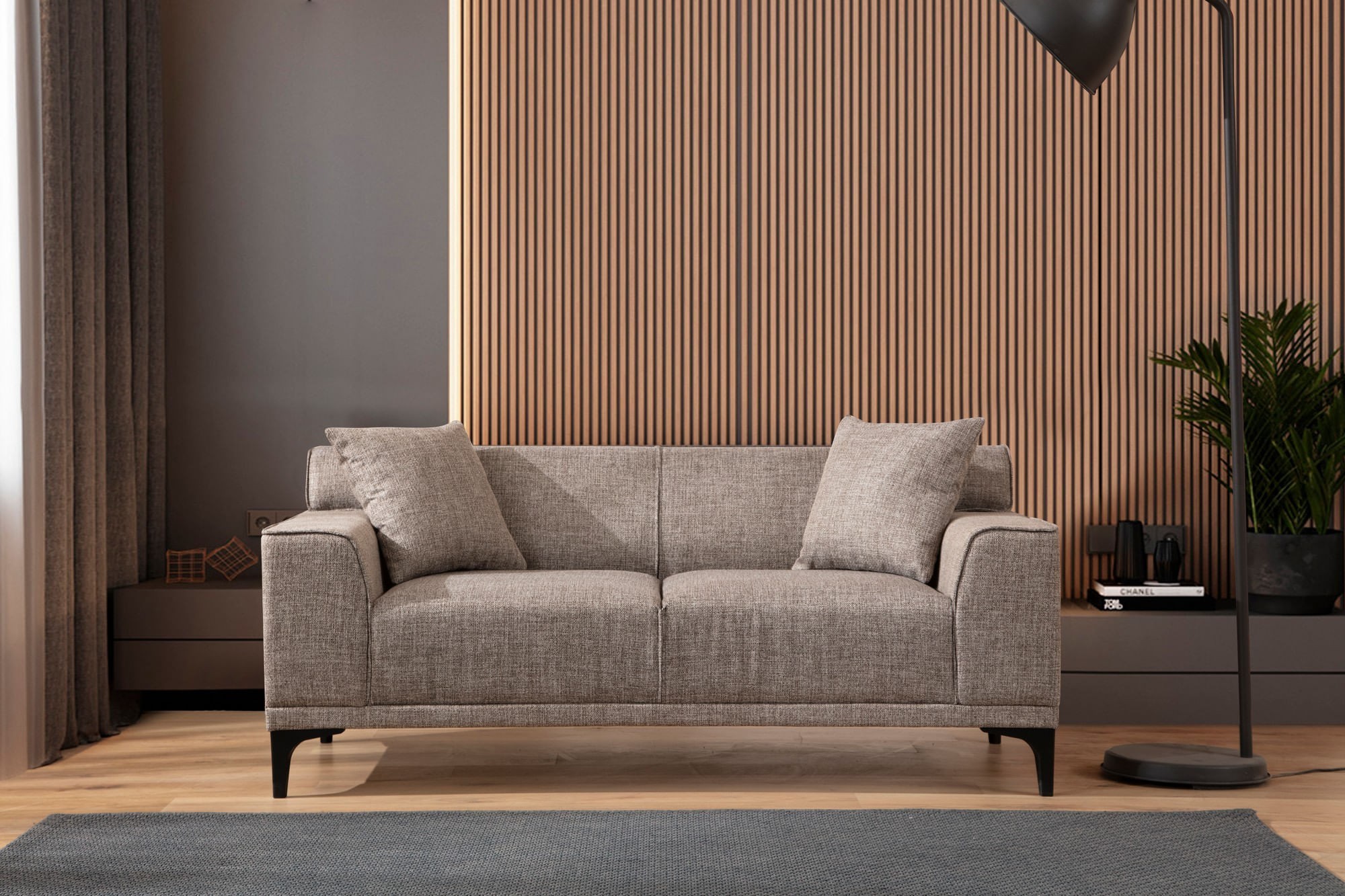 Canapea 2 locuri, Hanah Home, lemn fag si pal, fawn, 165x87x86 cm