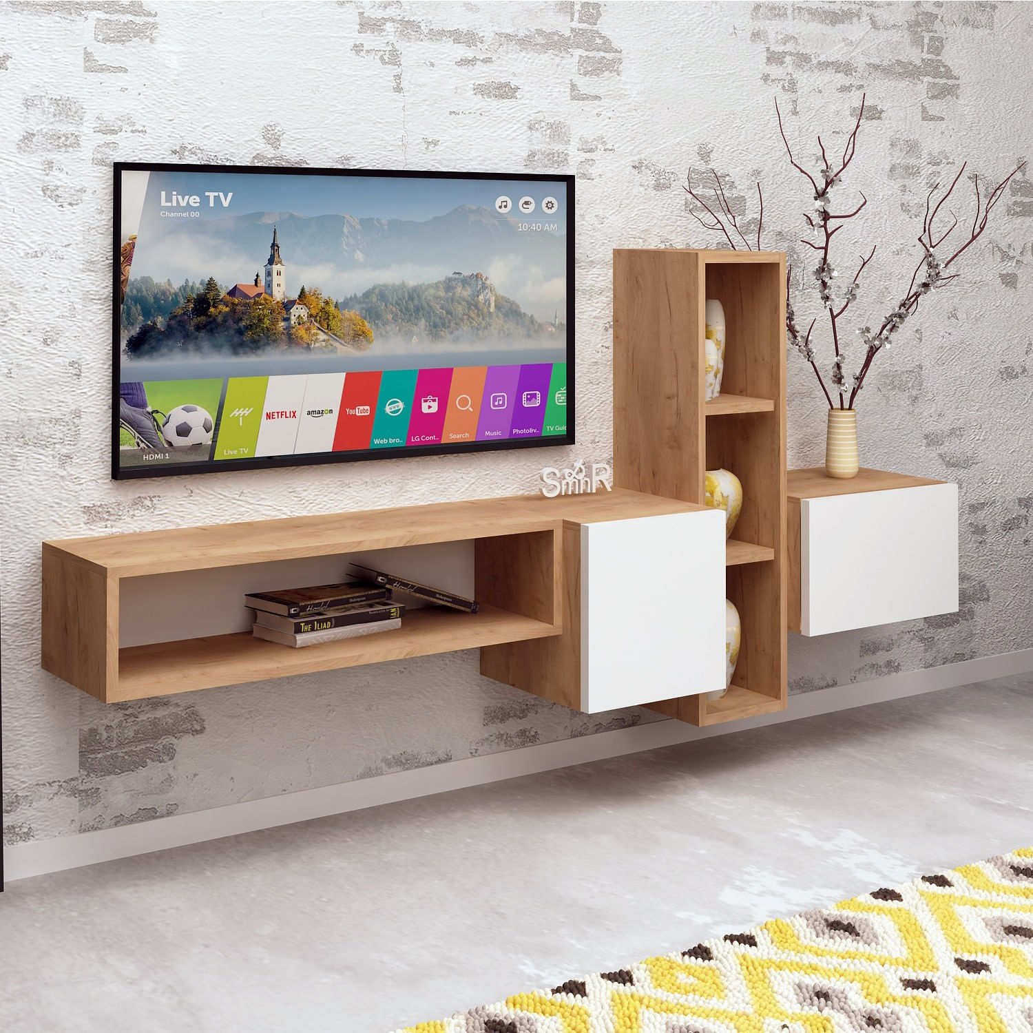 Comoda tv, Hanah Home, pal melaminat, stejar alb, 160x35x70 cm — imaginea 5