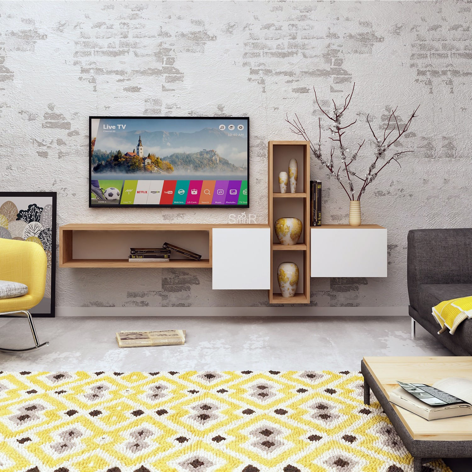 Comoda tv, Hanah Home, pal melaminat, stejar alb, 160x35x70 cm — imaginea 6