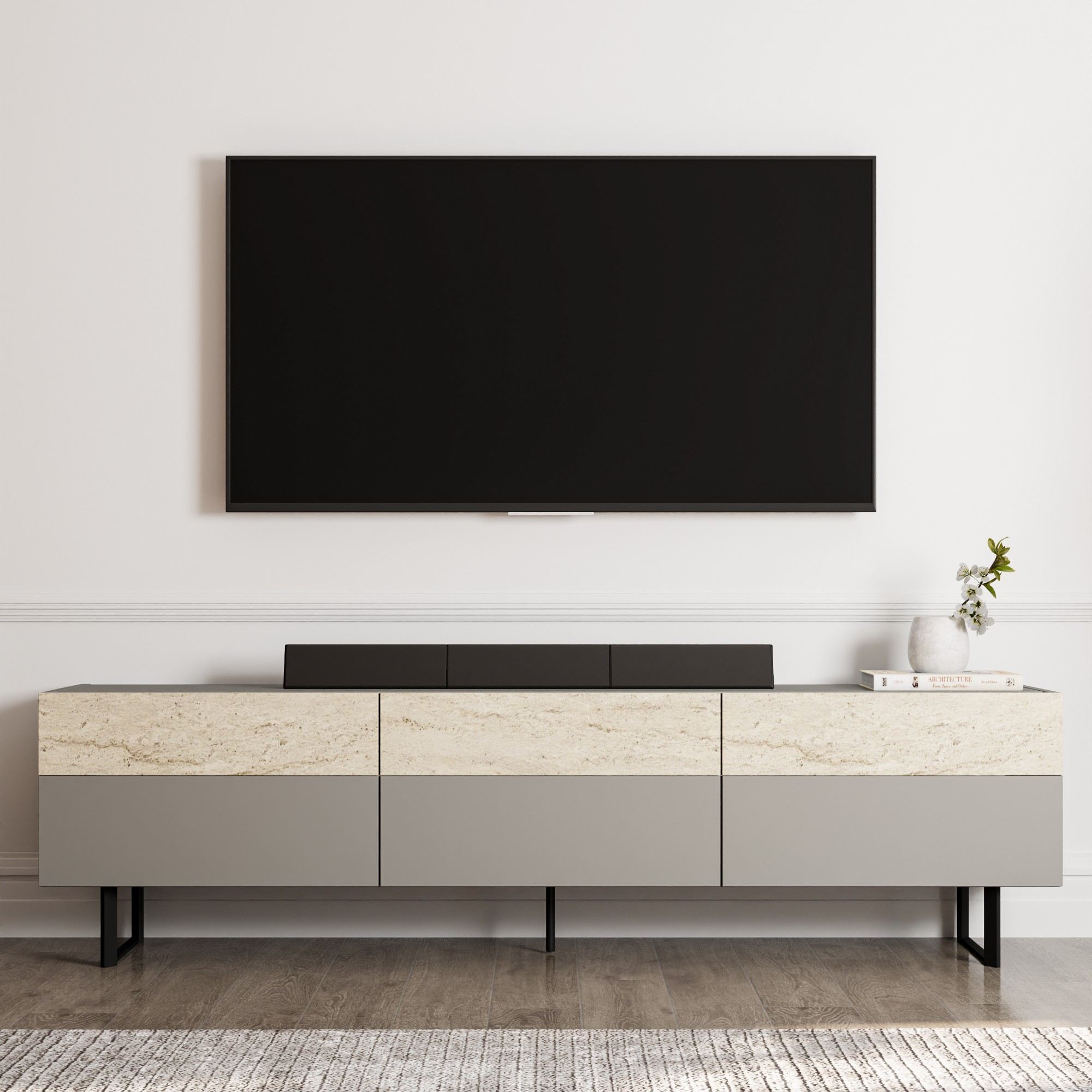 Comoda tv, Hanah Home, pal melaminat, gri si travertin, 180x37x49 cm — imaginea 2