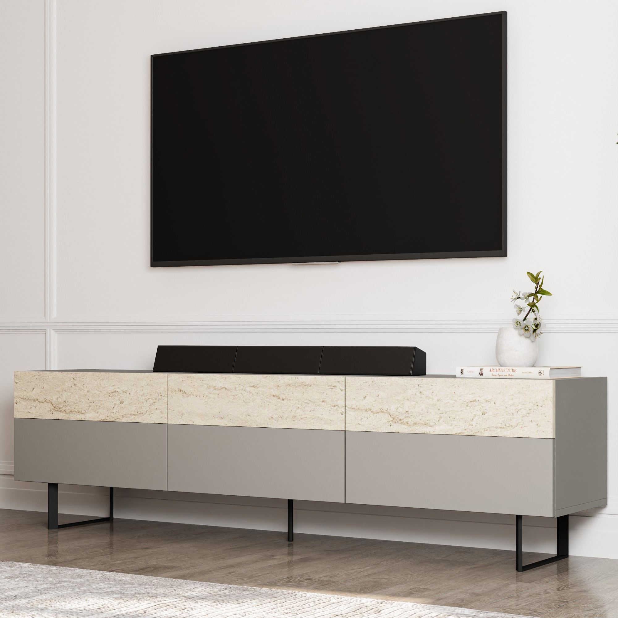 Comoda tv, Hanah Home, pal melaminat, gri si travertin, 180x37x49 cm — imaginea 3