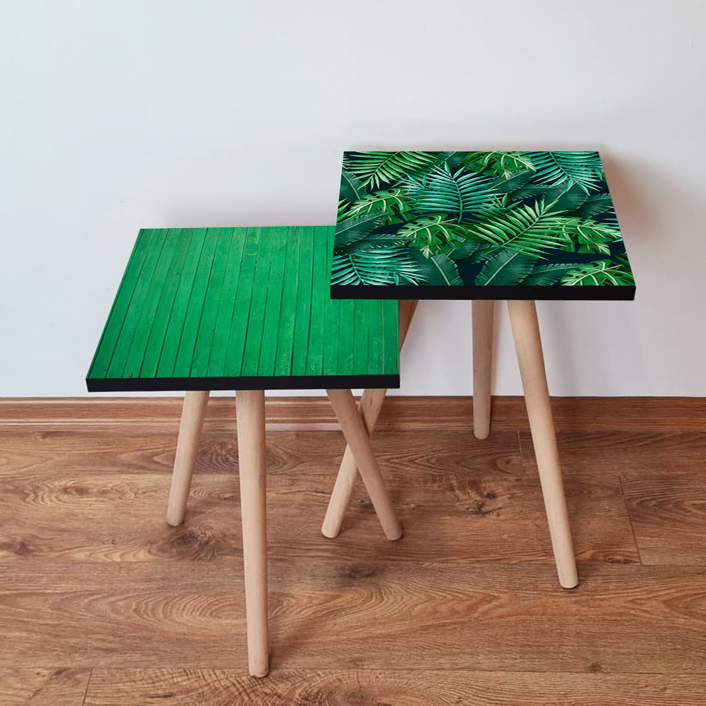 Set masute de cafea, Hanah Home, mdf, verde si albastru marin, 35x35x47 cm, picioare lemn fag
