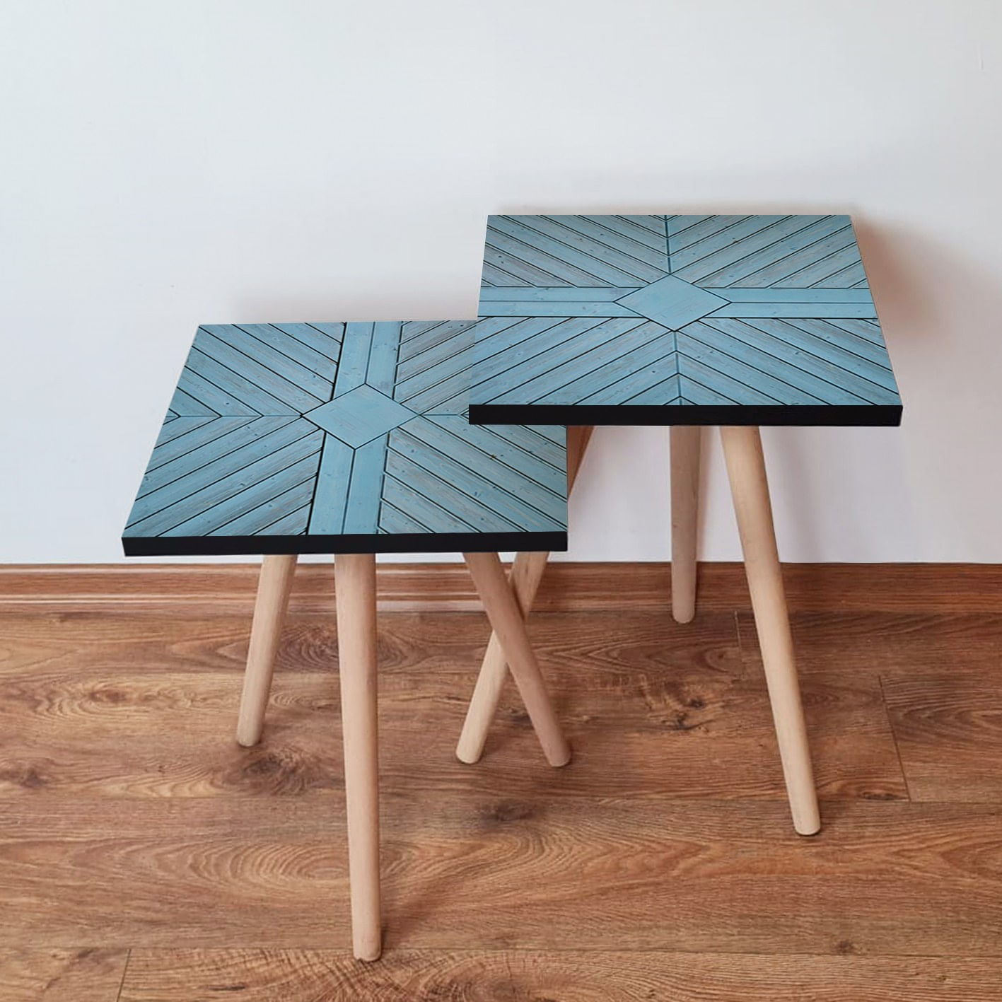 Set masute de cafea, Hanah Home, mdf, albastru, 35x35x47 cm, picioare lemn fag