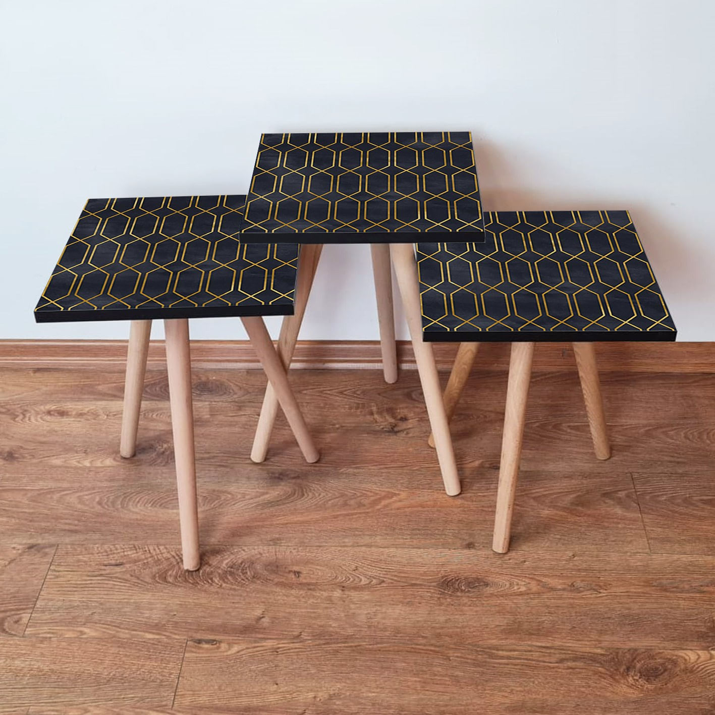 Set masute cuib, Hanah Home, mdf, negru auriu, 35x35x52 cm, 481LNA2771